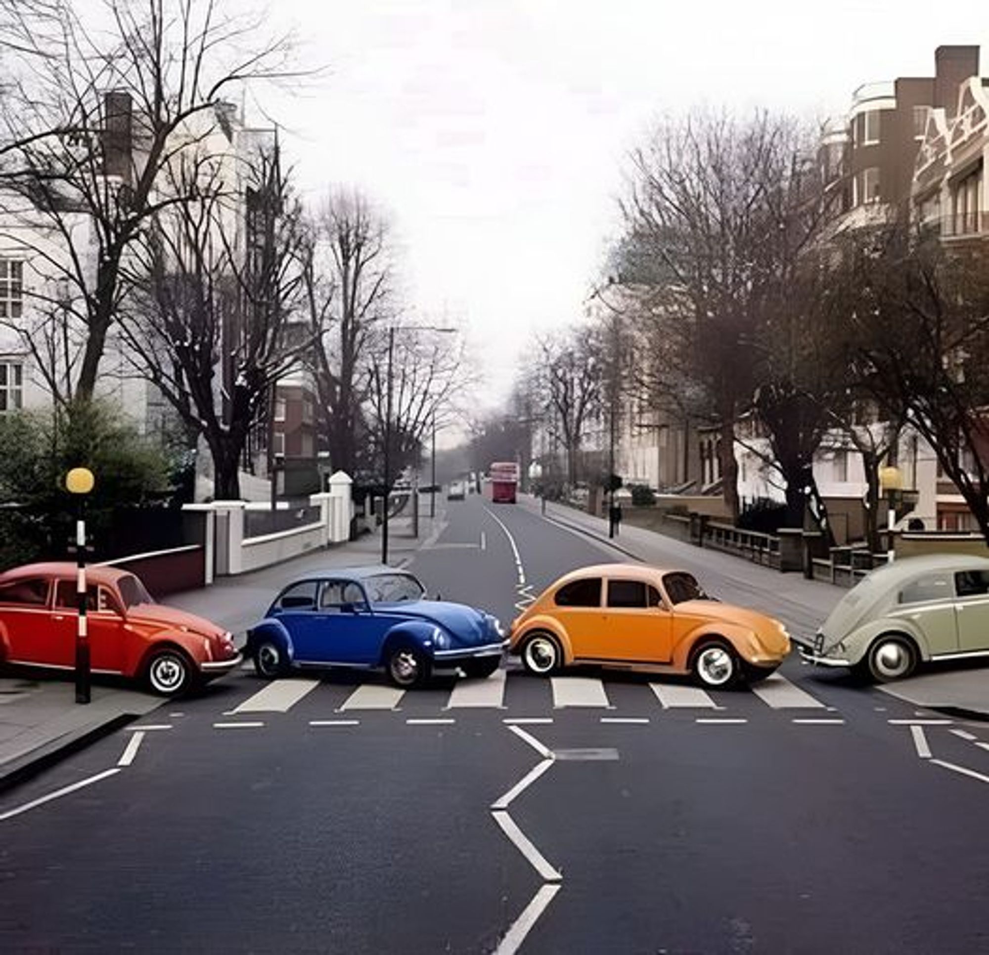 Quatre (Volkswagen New) Beetle traversent Abbey Road.