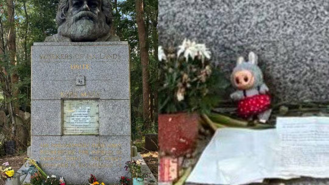 A labubu placed upon Karl Marx’s grave