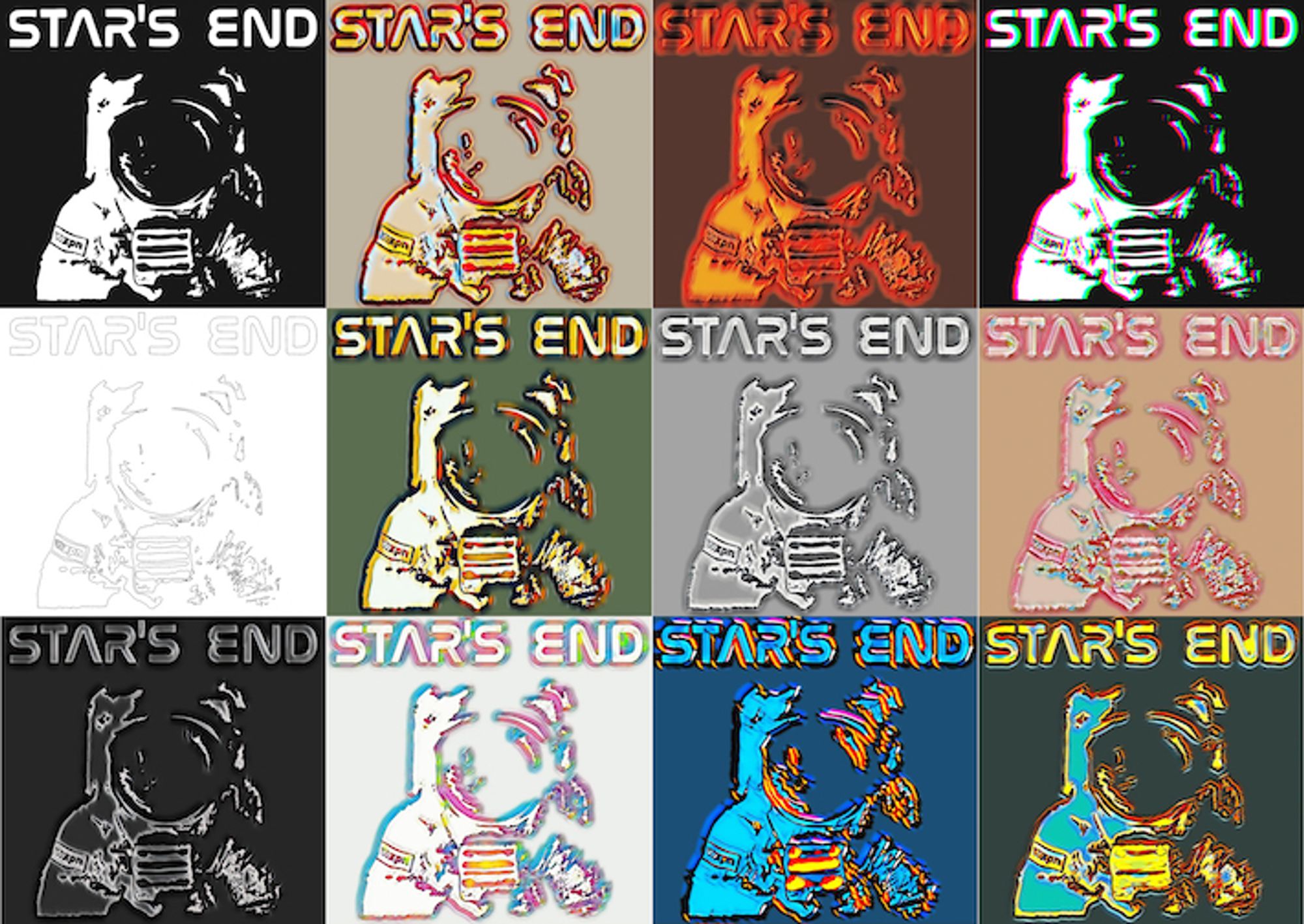 Graphic that says Star's End in 12 small squares with a picture of an astronaut in spacesuit.