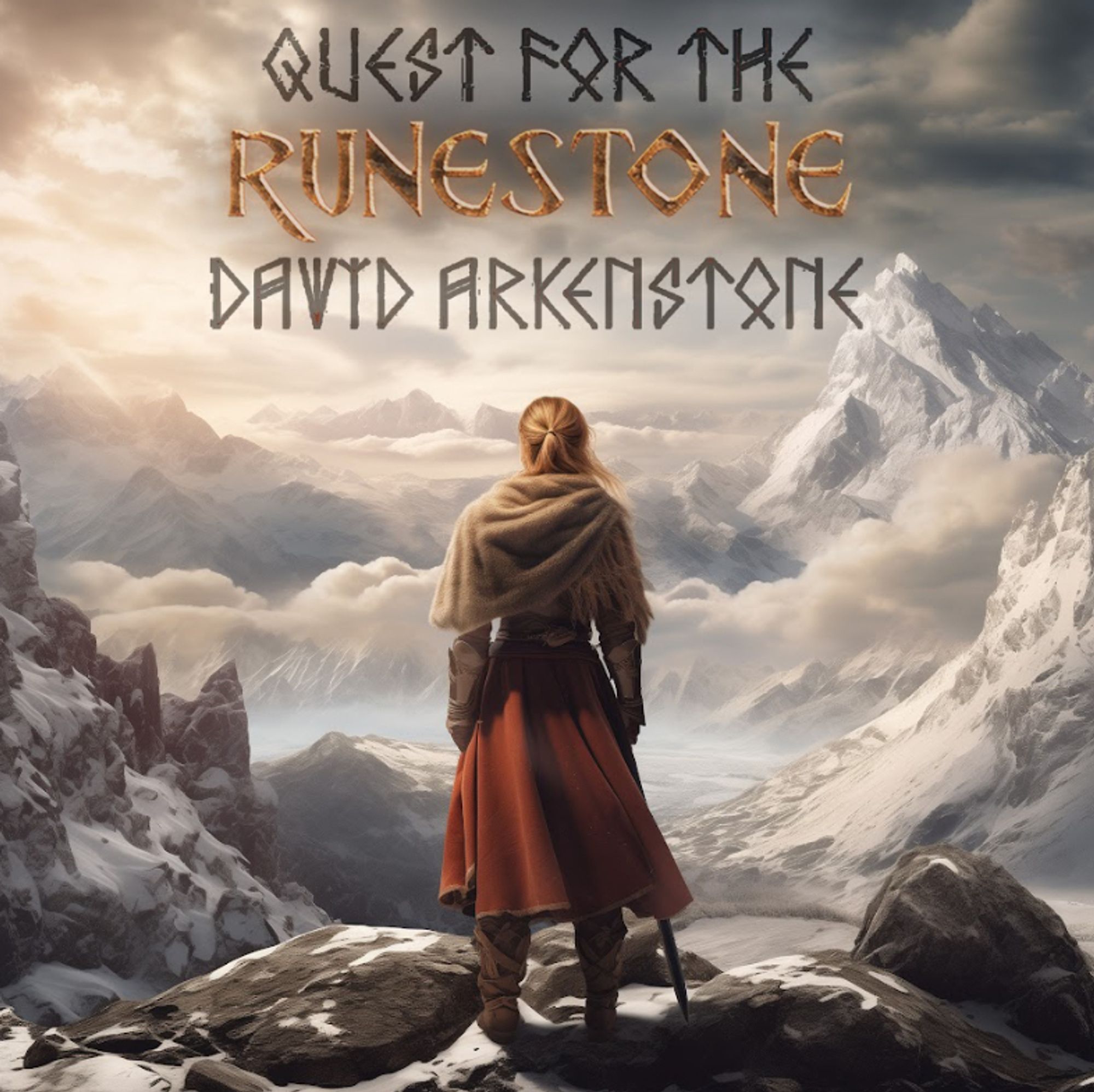 Cover image of David Arkenstone's latest album called Quest for the Runestone. Image shows woman warrior in boots gloves and shawl with a sword by her side looking off into the distance with many mountains all snow covered.