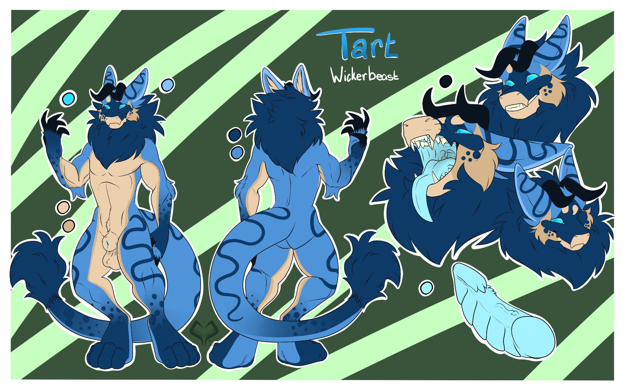 A reference sheet for a blue wickerbeast with a tan belly, dark blue hands, feet, mane, and end of the tail, cyan flesh, and black horns and claws, and light blue pupil-less eyes