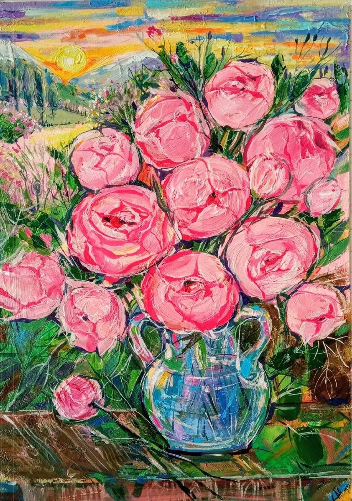 Pink Boho Bouquet In Provence, Painting by Alina Skorokhod. It's a painting of pink roses, with lots of greens and a pretty background.