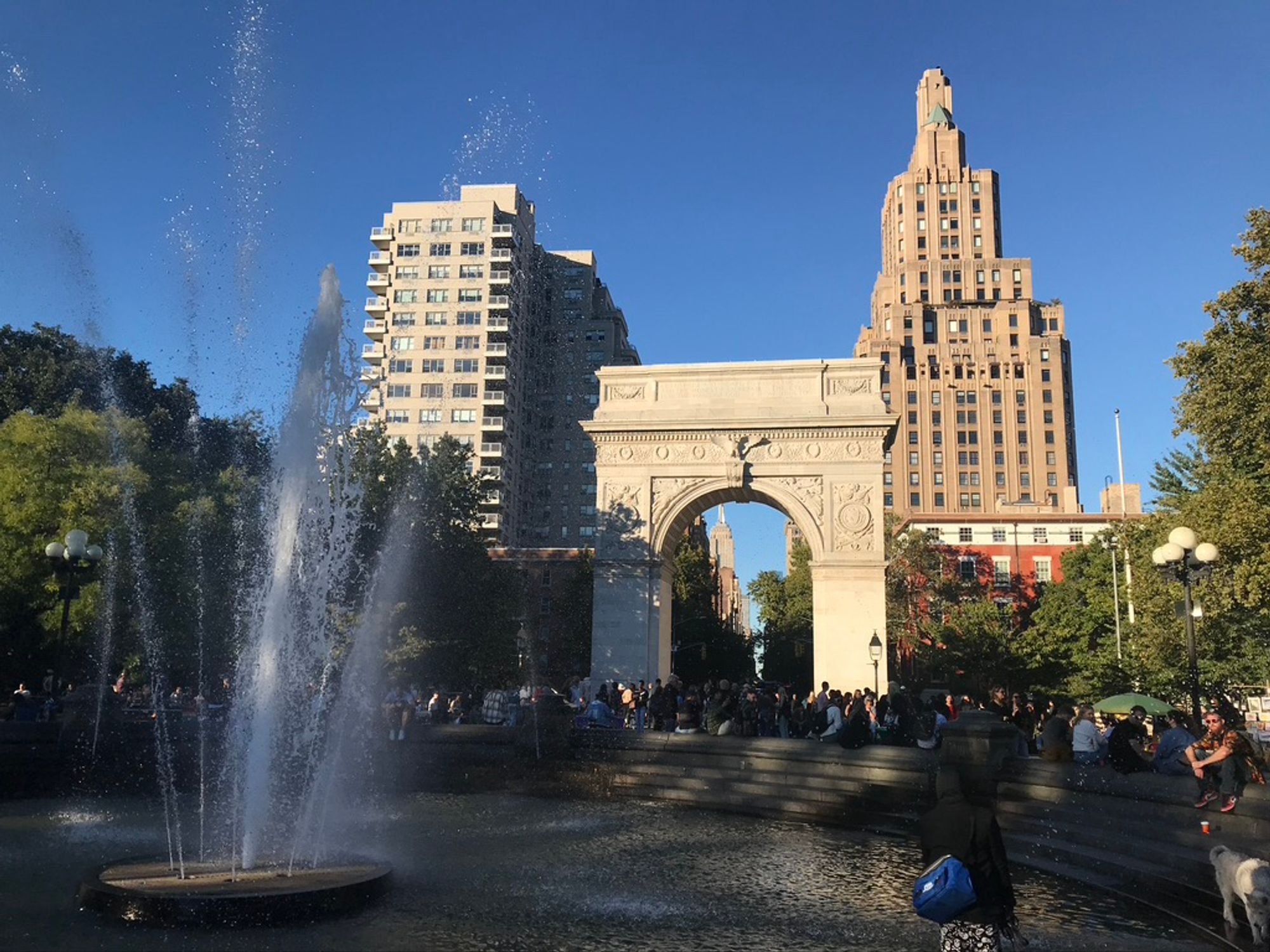 Looking north at the Washington Square Arch, with 1 Fifth avenue behind it and a fountain in front of it. NYU Biology is a block to the right from this scene, on Washington Square East.