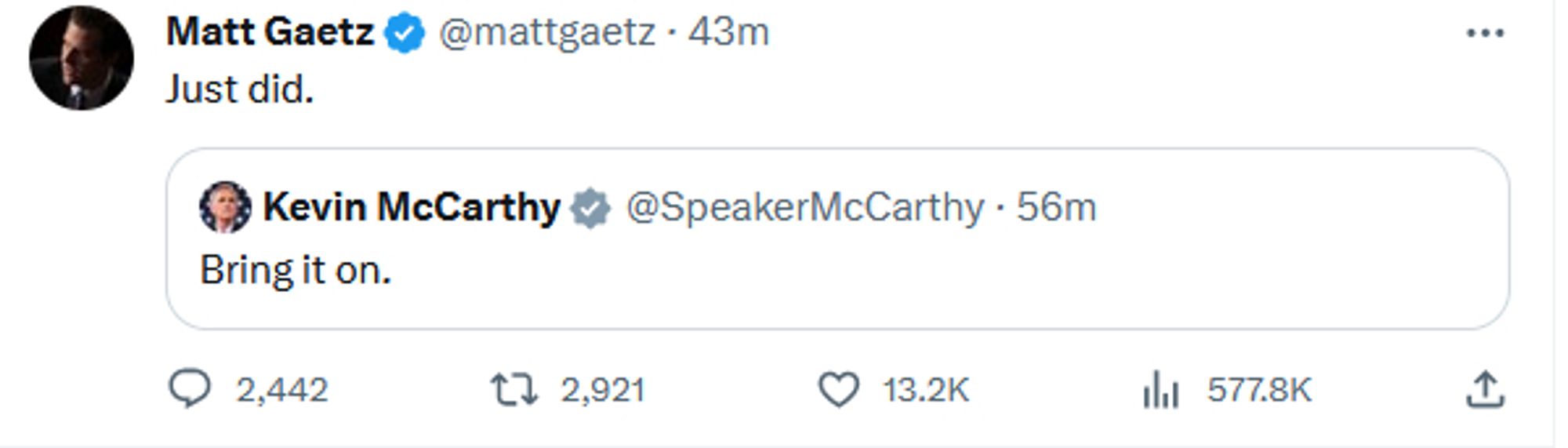 Republican infighting between Kevin McCarthy and Matt Gaetz.