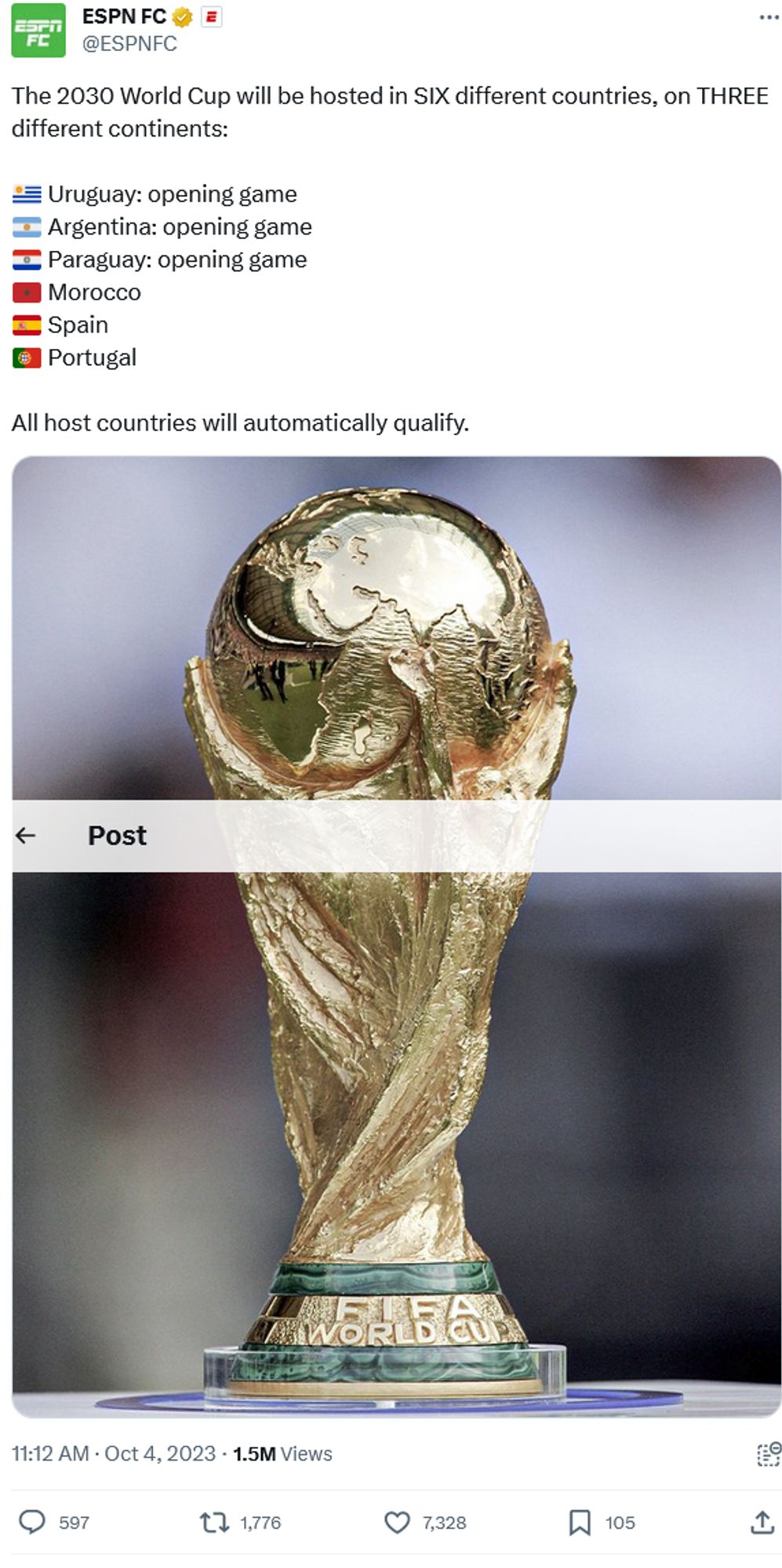 2030 World Cup will be hosted in Uruguay, Argentina, Paraguay, Morocco, Spain, and Portugal.