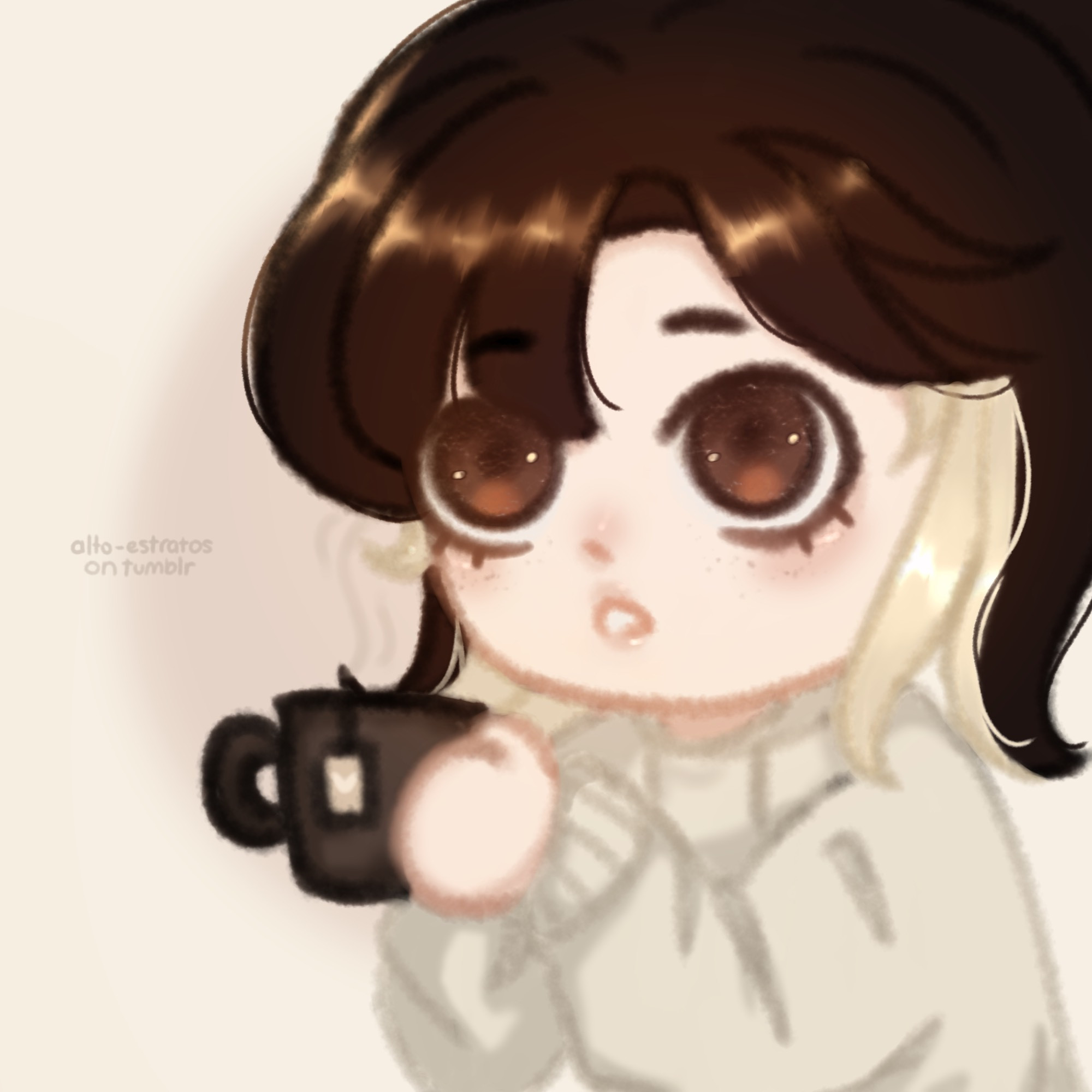 A drawing of myself in a chibi art style with a hoodie and holding a cup of tea.