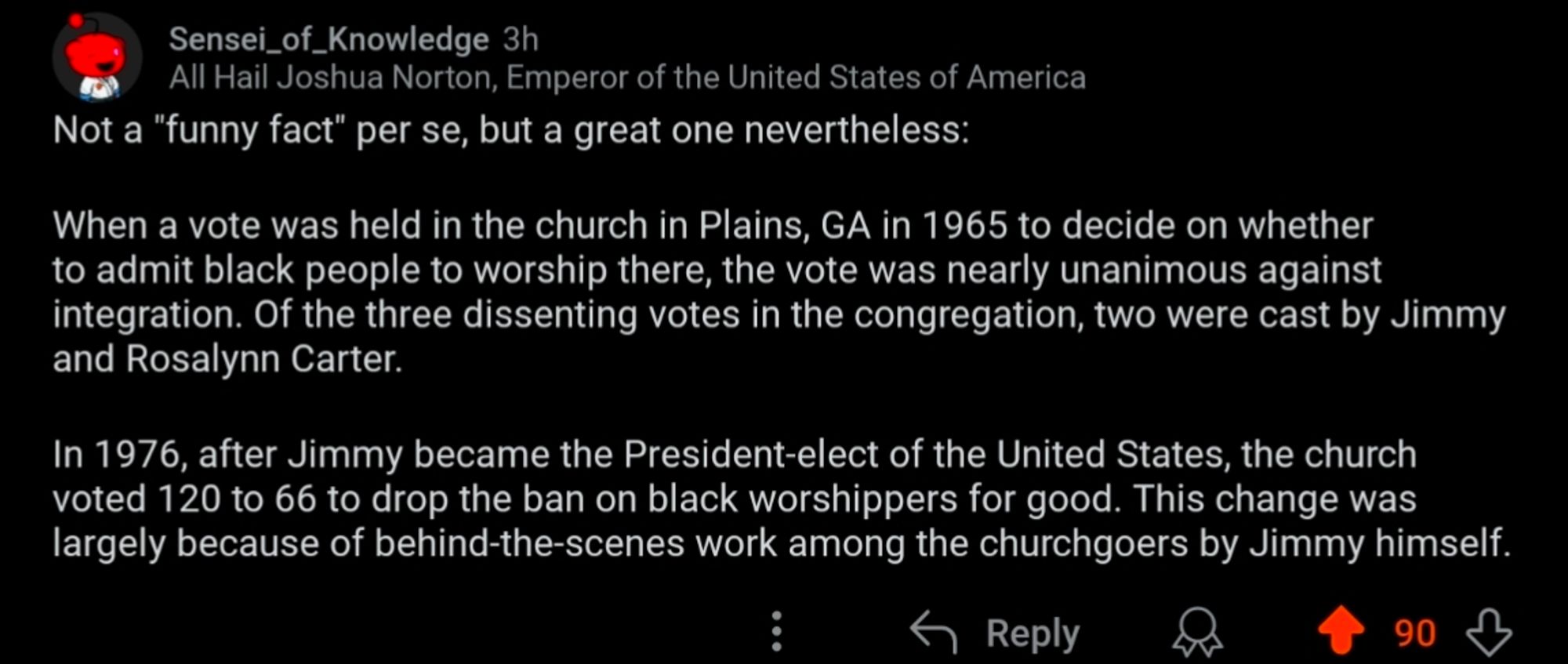 Reddit post about Jimmy voting to integrate his church