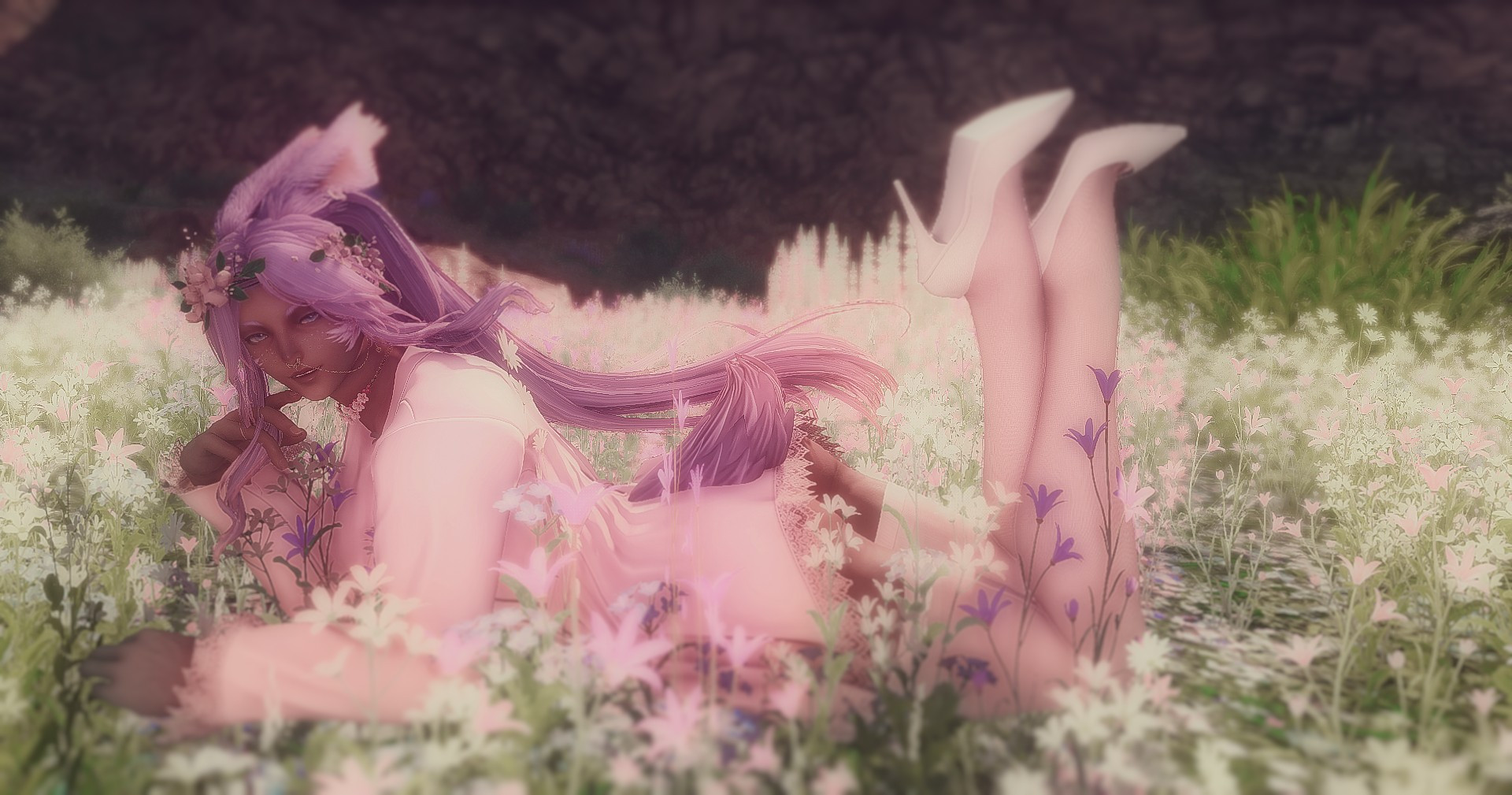 Haf laying in flowers, with a cover up, thigh highs, heels, and flowers in his hair. Light breeze on his hair, has a grin on his face.