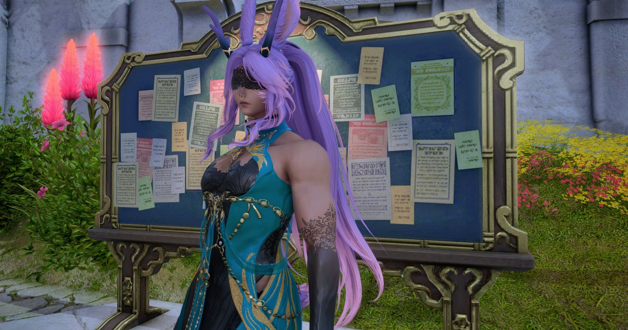 Haf standing in front of the MB under his FC's plot, in a blue/green dress with black coloring and gold embellishments. Hair up in his normal pony, black mask, and small not fully grown antlers.