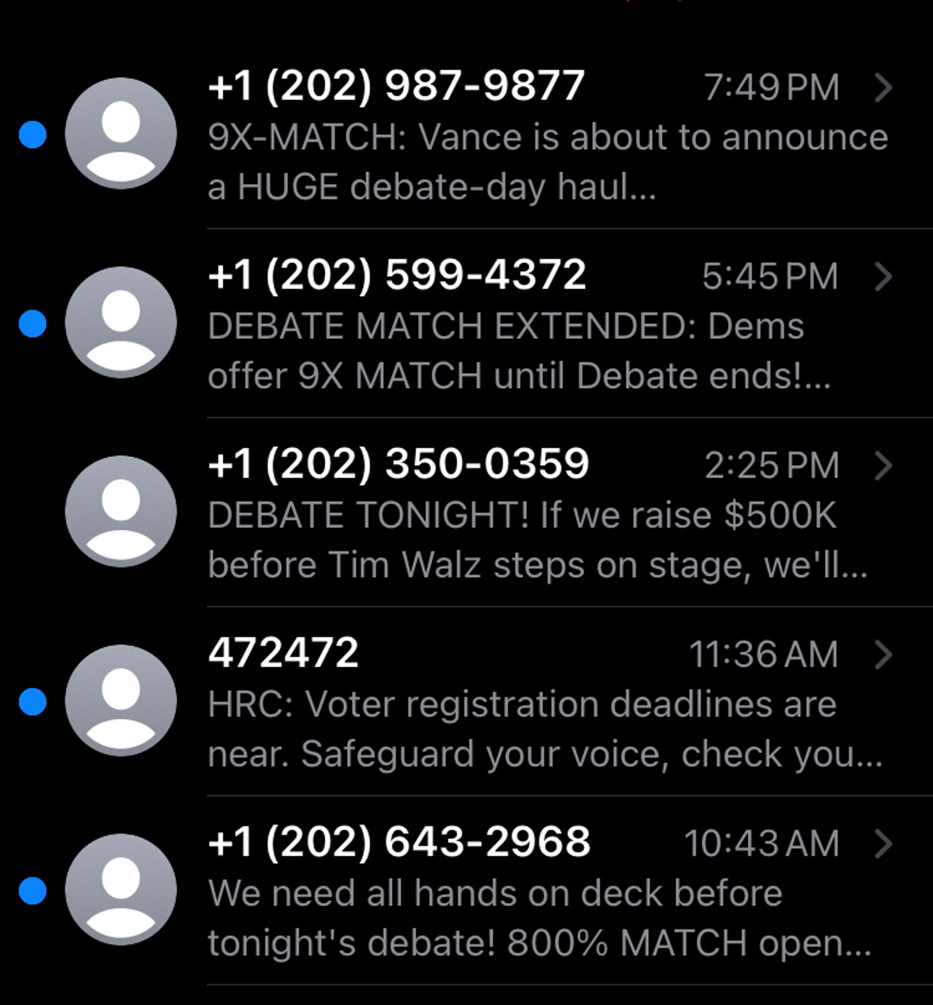 Screenshot of my texts showing multiple ones from random numbers about the election trying to get me to donate