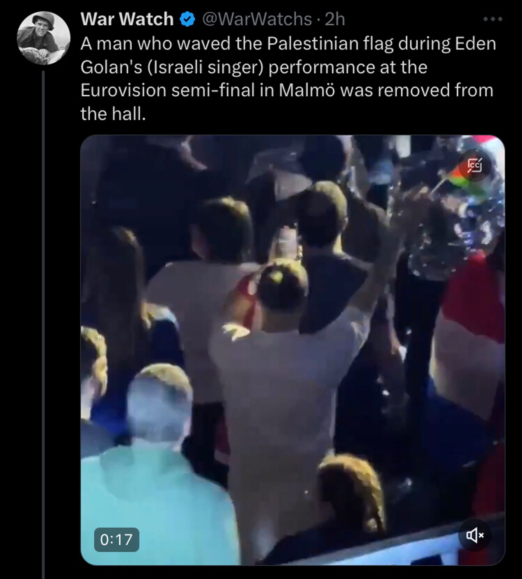 Tweet of a video of the incident from warwatchs - this one showing the person waving the Palestinian flag in the crowd A man who waved the Palestinian flag during Eden Golan's (Israeli singer) performance at the Eurovision semi-final in Malmö was removed from the hall.