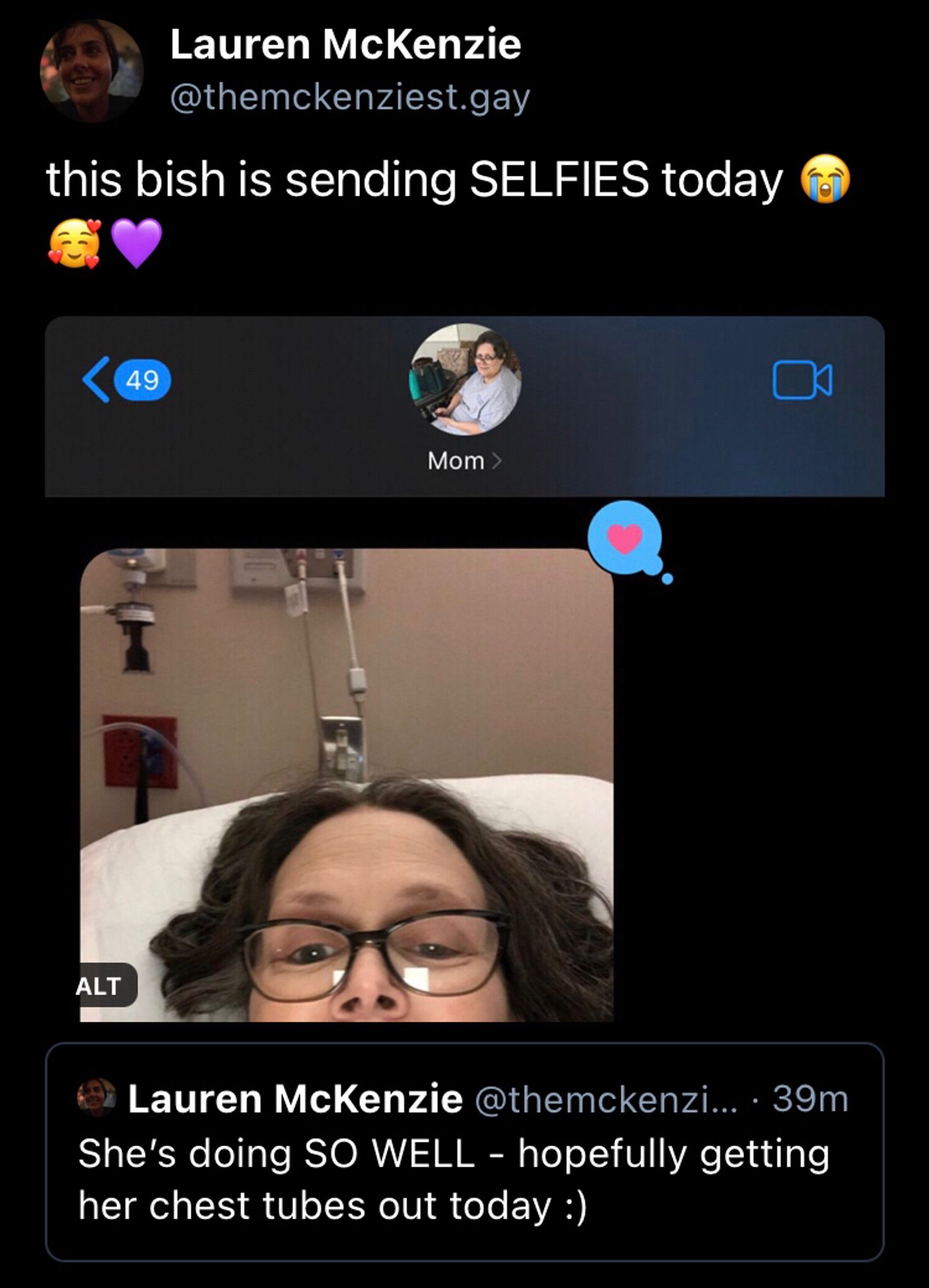 Screenshot of my old bluesky post where my mom sent me a selfie looking so much better right before she got her chest tubes out. She had so so so many