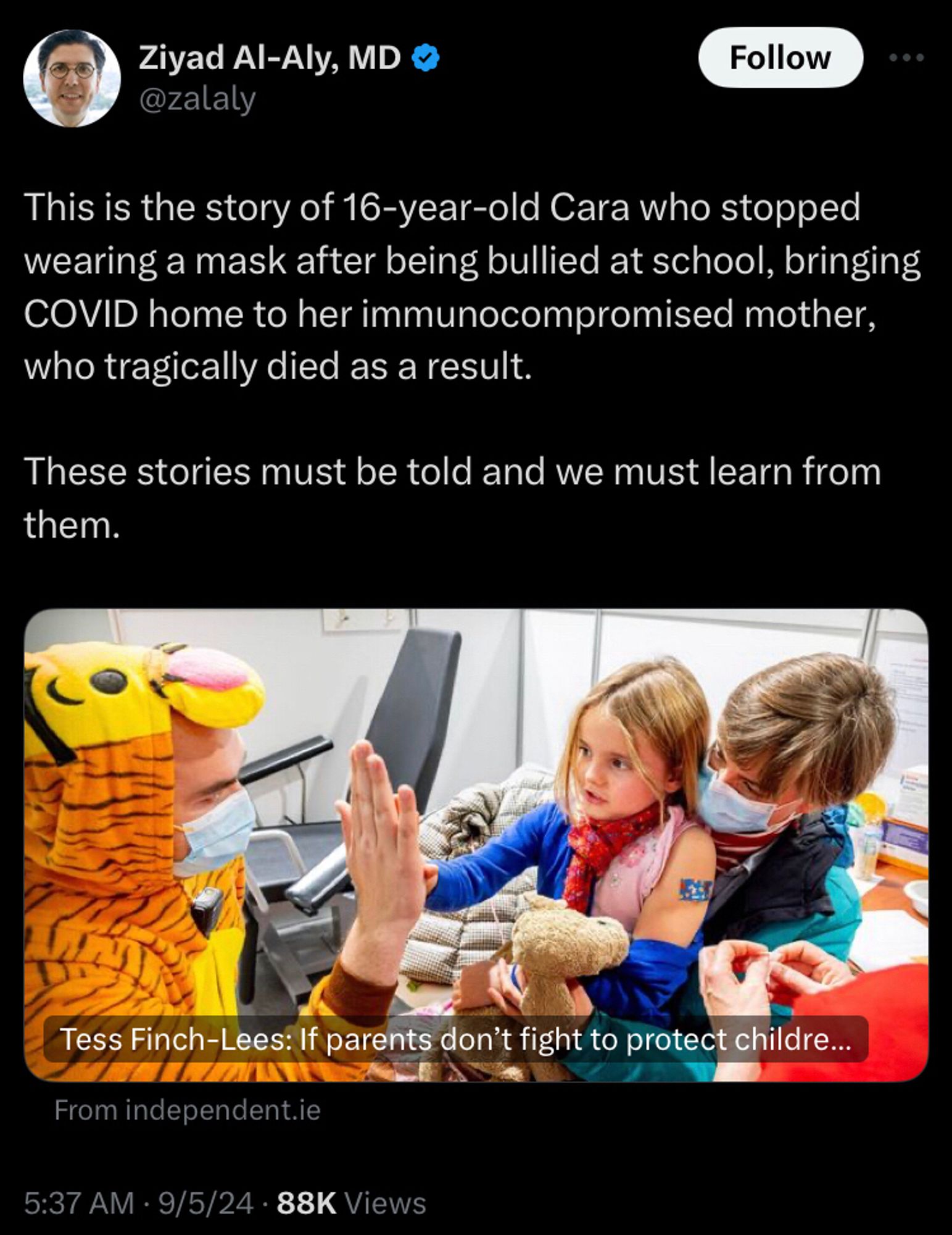 @zalaly on twitter posting an article - This is the story of 16-year-old Cara who stopped wearing a mask after being bullied at school, bringing COVID home to her immunocompromised mother, who tragically died as a result. 

These stories must be told and we must learn from them.