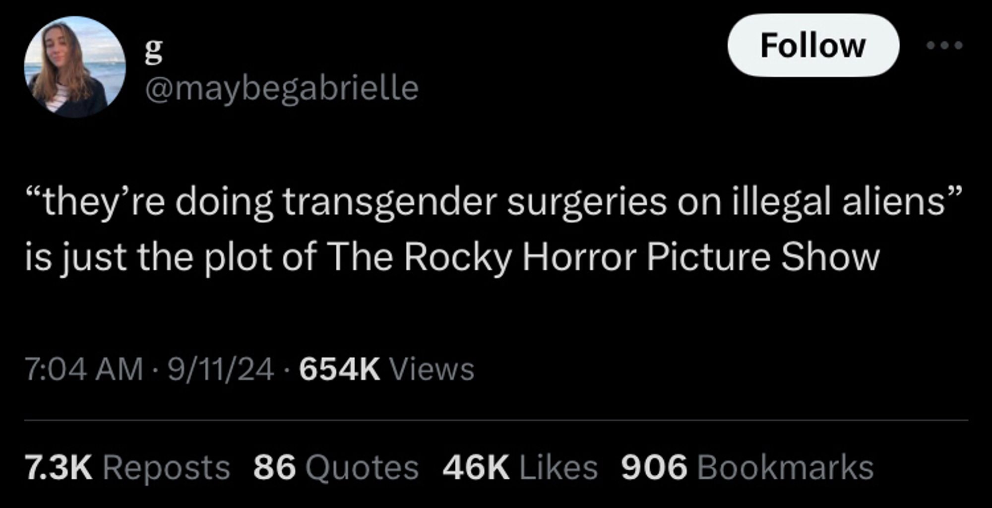 Tweet from maybegabrielle: “they’re doing transgender surgeries on illegal aliens” is just the plot of The Rocky Horror Picture Show