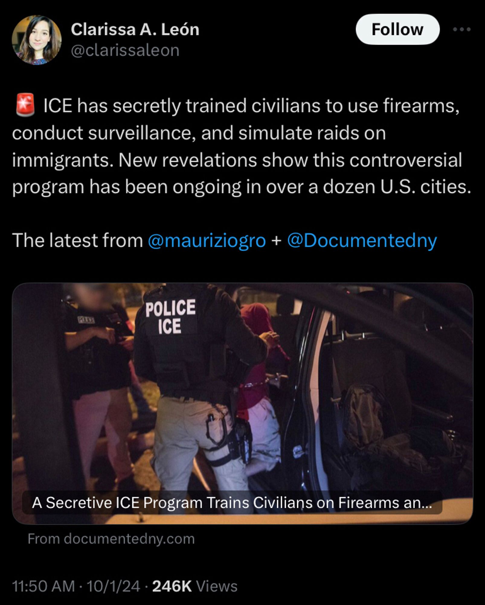 Clarissa A Leon on twitter 🚨 ICE has secretly trained civilians to use firearms, conduct surveillance, and simulate raids on immigrants. New revelations show this controversial program has been ongoing in over a dozen U.S. cities. 

The latest from @mauriziogro + @Documentedny