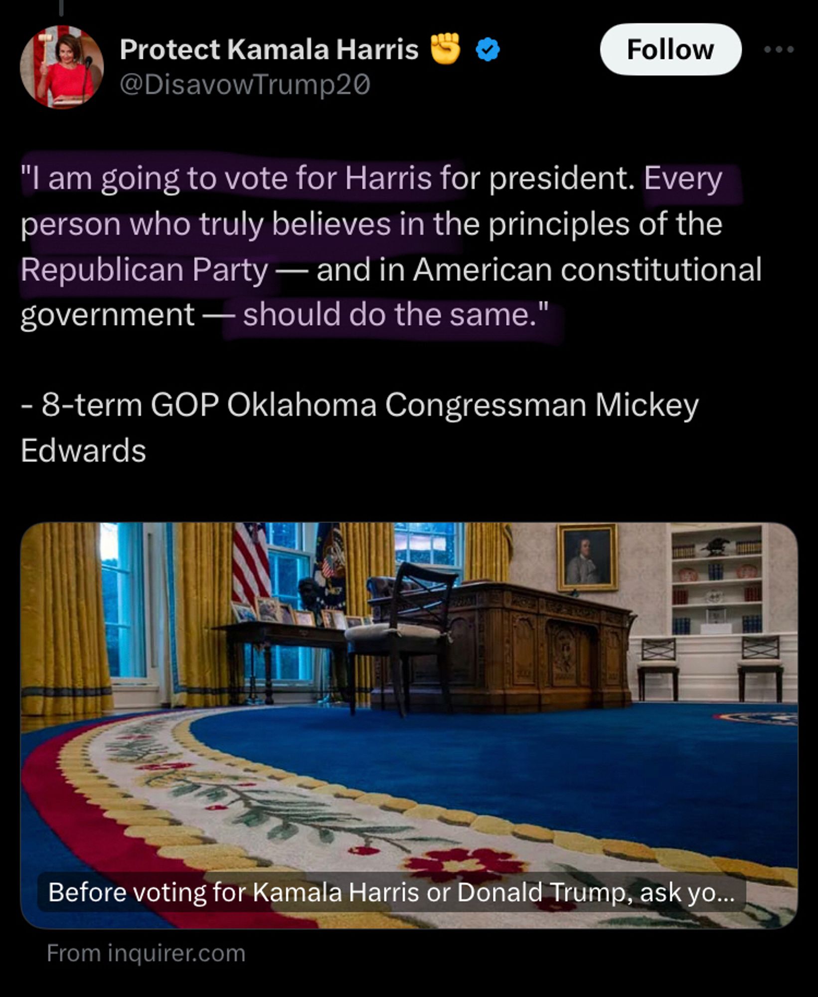 Next post is a quote "I am going to vote for Harris for president. Every person who truly believes in the principles of the Republican Party — and in American constitutional government — should do the same." 

- 8-term GOP Oklahoma Congressman Mickey Edwards