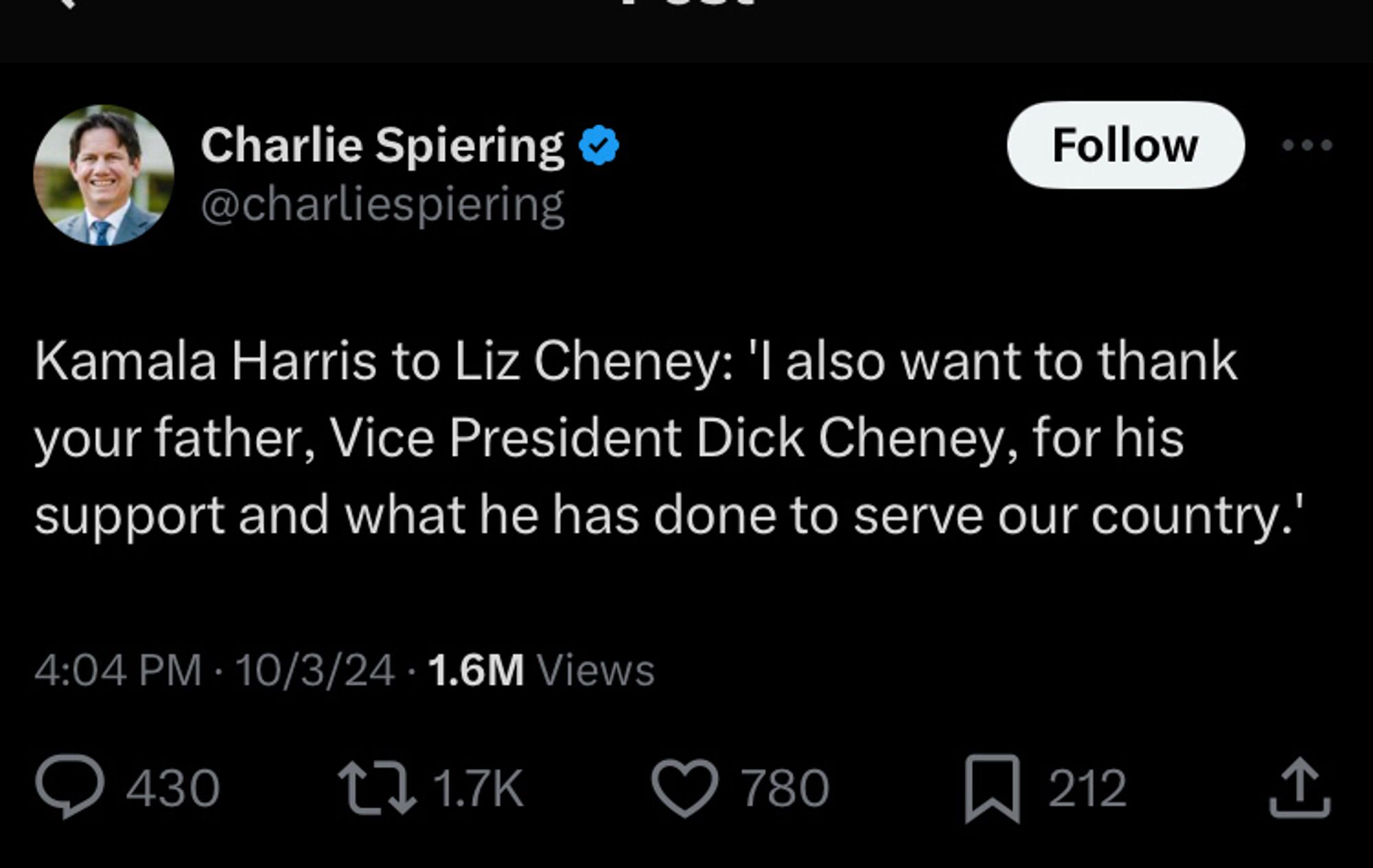 Charlie Spierling post Kamala Harris to Liz Cheney: 'I also want to thank your father, Vice President Dick Cheney, for his support and what he has done to serve our country.'