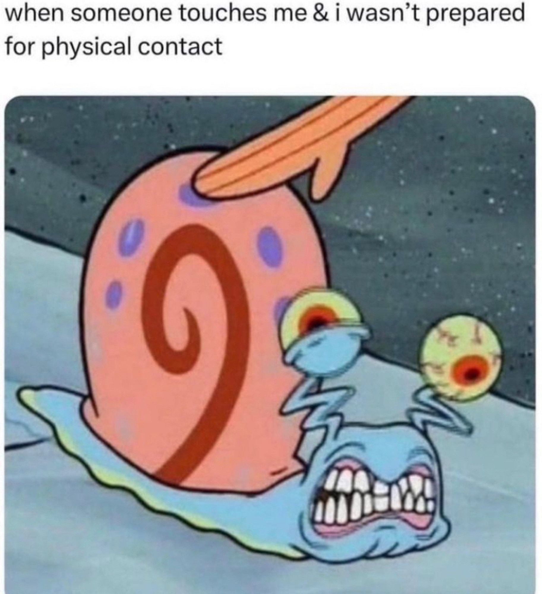 Meme of a snail being touched and making a very discombobulated messed up face - text: when someone touches me & i wasn't prepared for physical contact