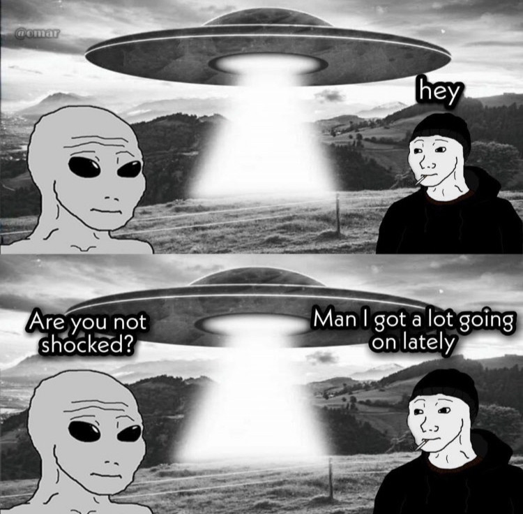 Meme of a dude coming across an alien and a ufo 
Are you not shocked?
hey
Man I got a lot going on lately