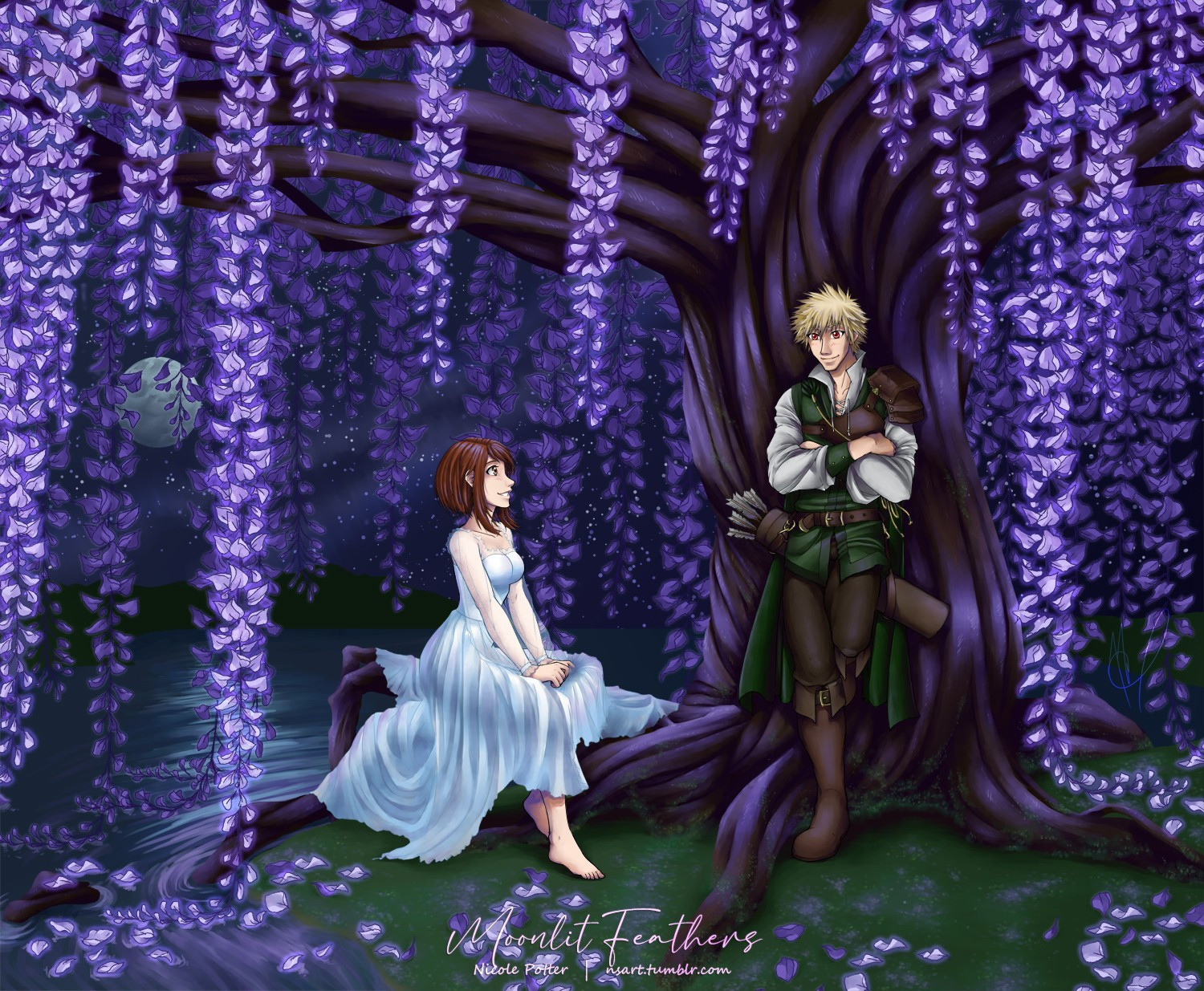 A man and a woman sit under an etheral wisteria tree, gazing fondly at each other