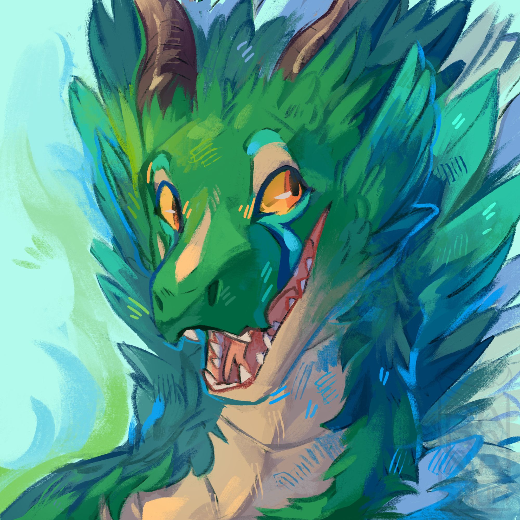 A rendered green dragon smiling at the viewer