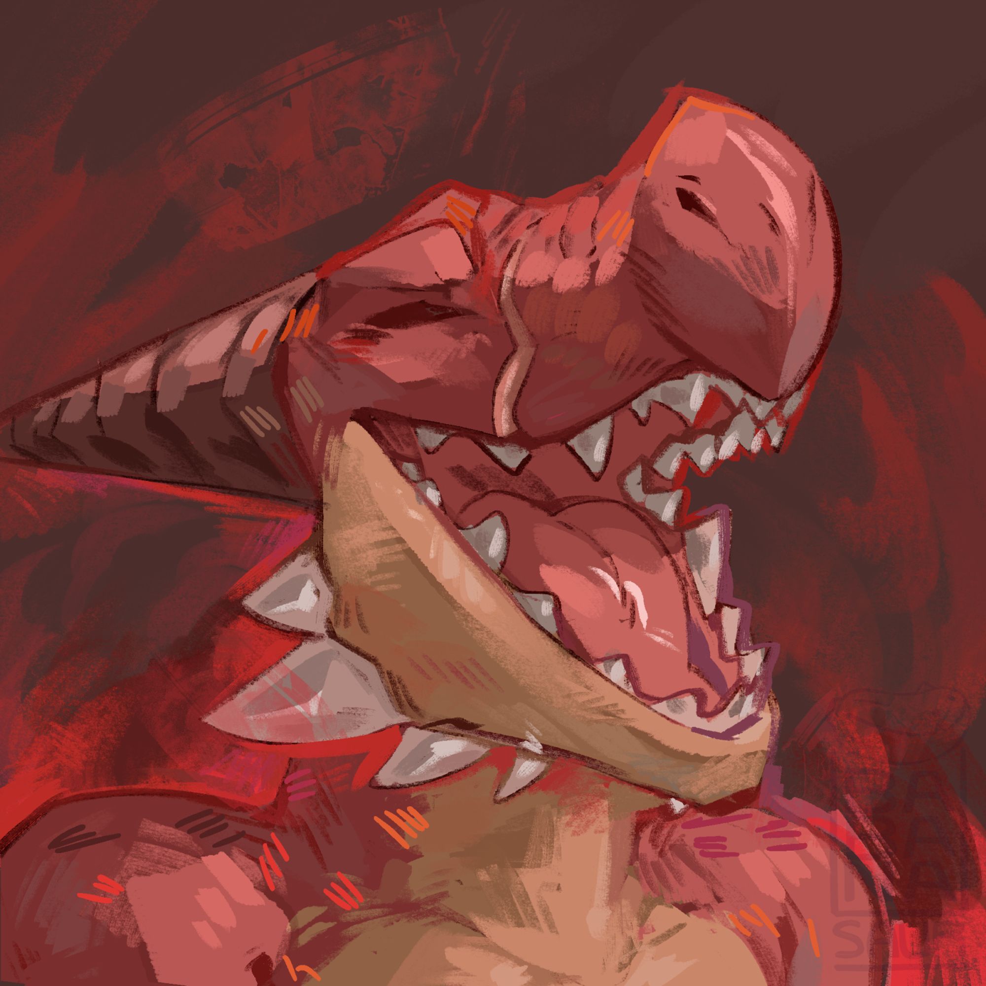 painted kobold with their mouth open in happiness