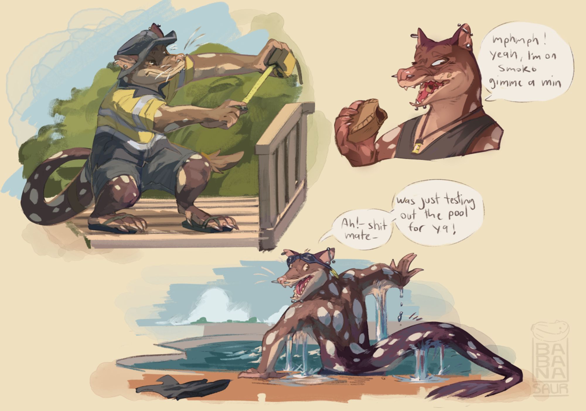 Quoll person in a pool and in various other scenarios