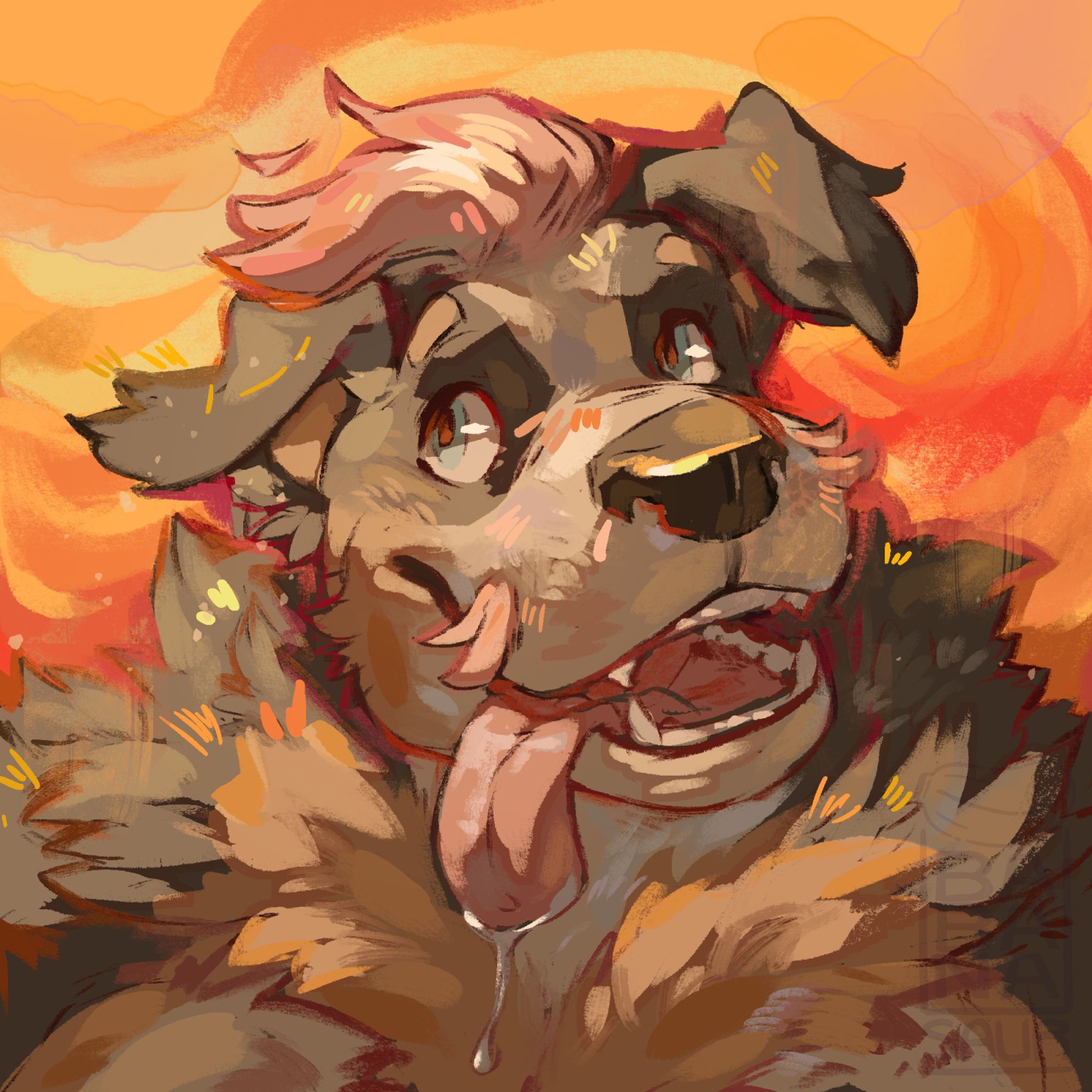 bust of a dog person smiling with the tongue out