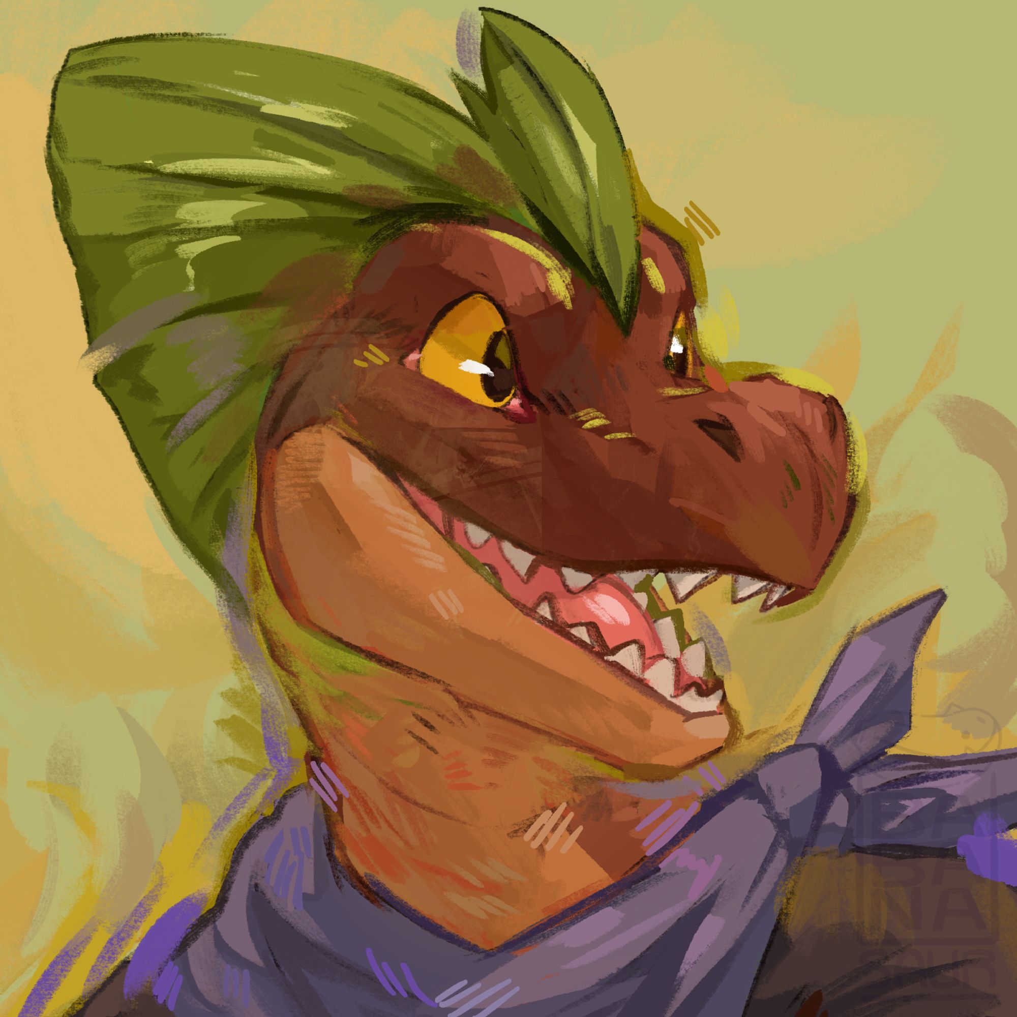 lizard furry facing to the side with their mouth open happily 