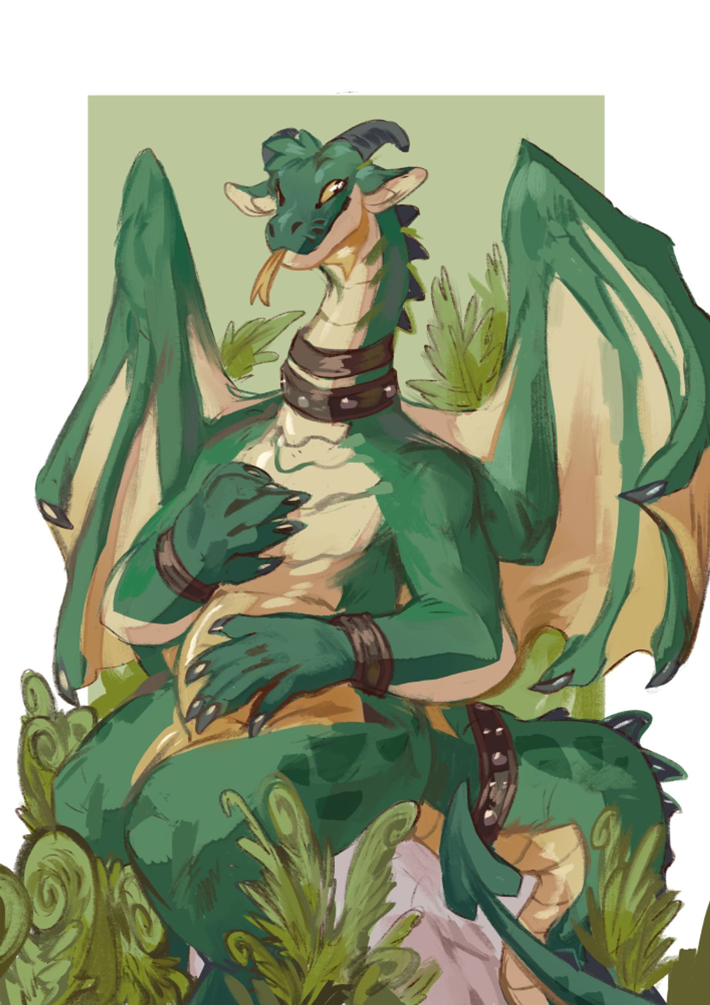 green dragon person sitting on a rock surrounded by ferns