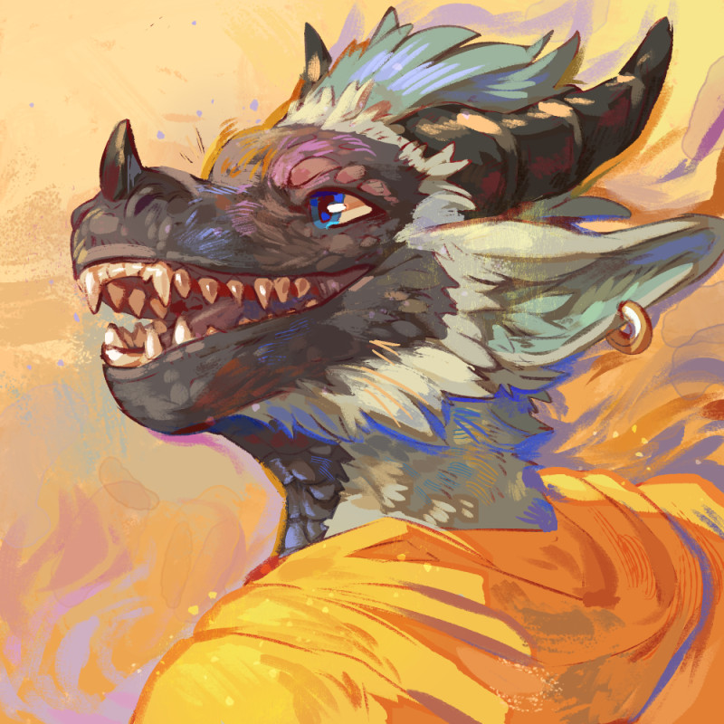 Bust of a grey and blue dragon character facing to the side and smilling. BG yellow.