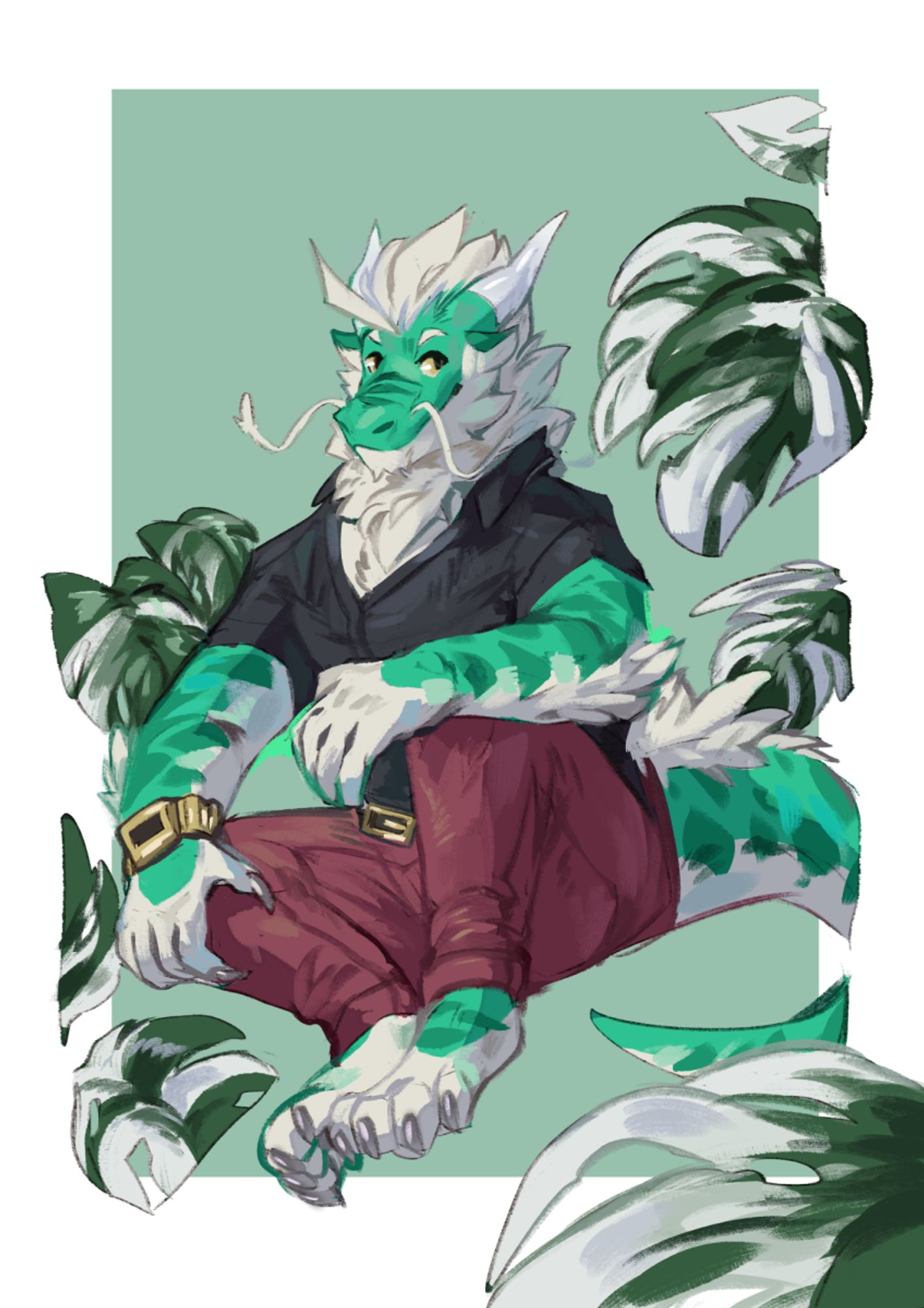 Dragon man reclining surrounded by plants