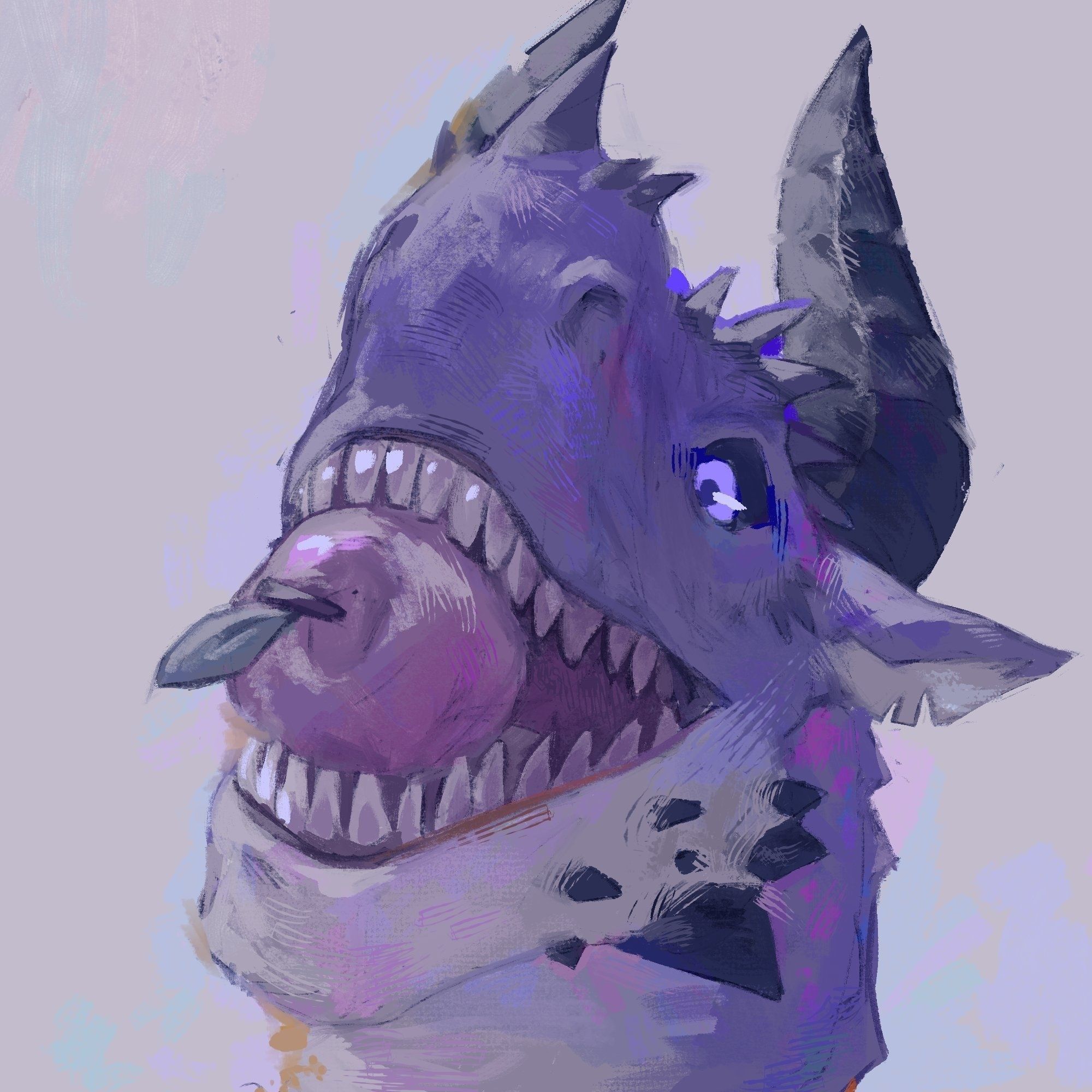 A bust of a purple dragon holding/biting an apple. 