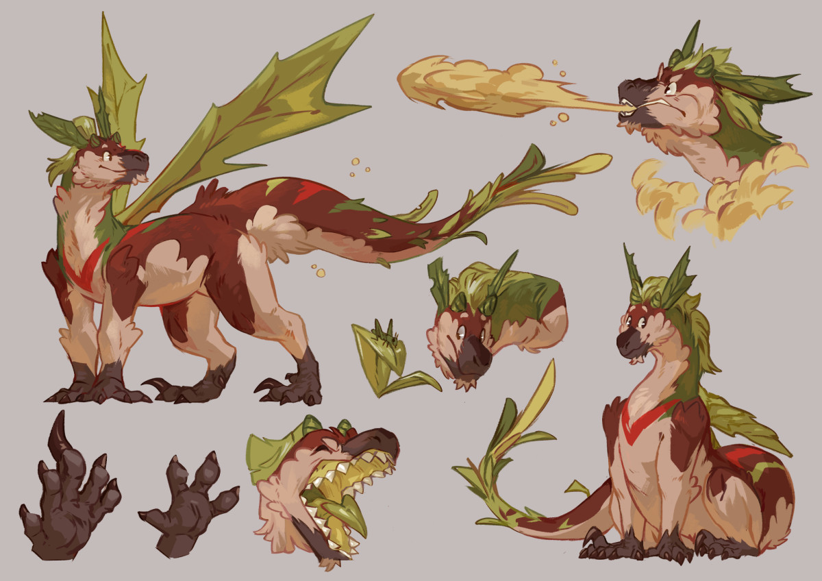 multiple images of a dragon plant creature doing various things