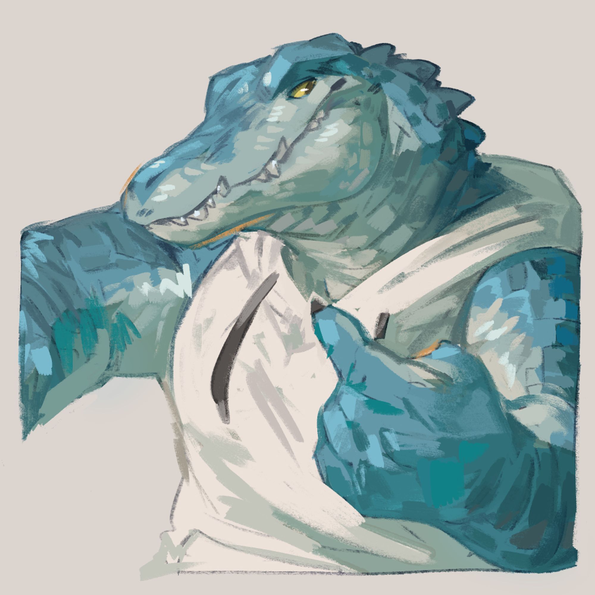 a torso up art of a crocodile man beckoning you