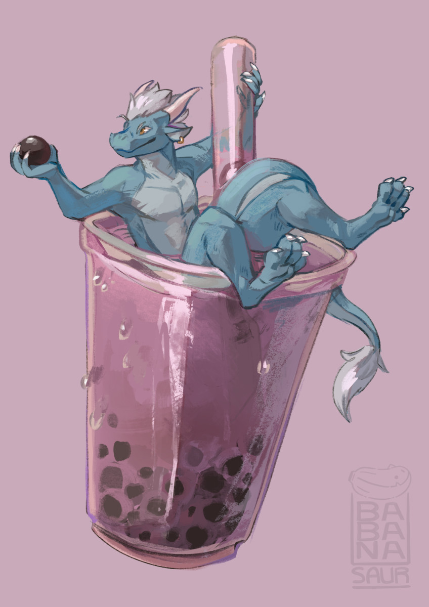 A blue dragon anthro hanging out in a drink