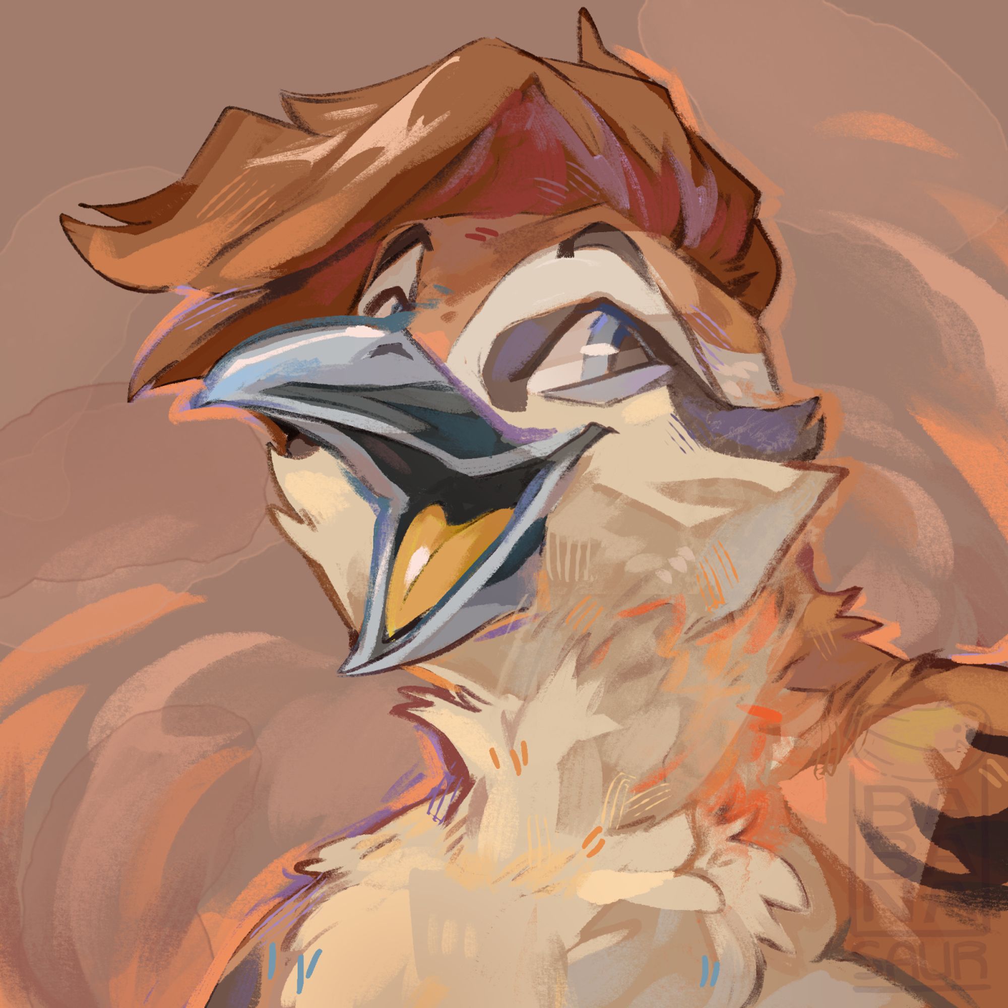 illustrated bust shot of a bird person with their mouth open