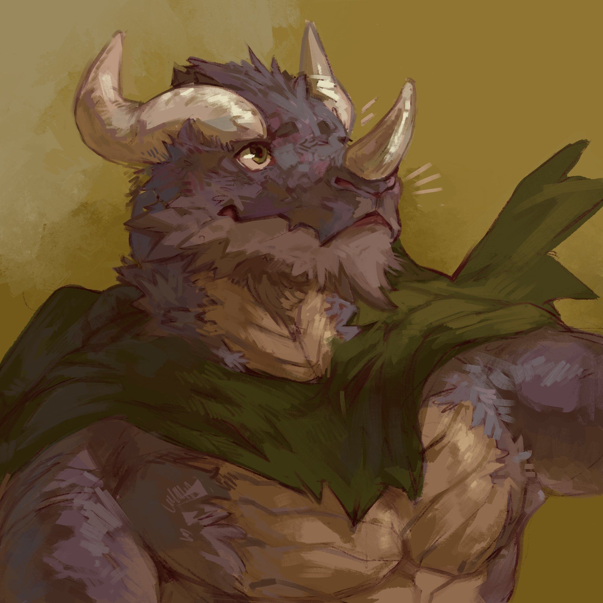 A portrait of a buff, fluffy, purple dragon man looking to the side. He has a horn on his nose and two horns at the back of his head. He is wearing a torn up cape. 