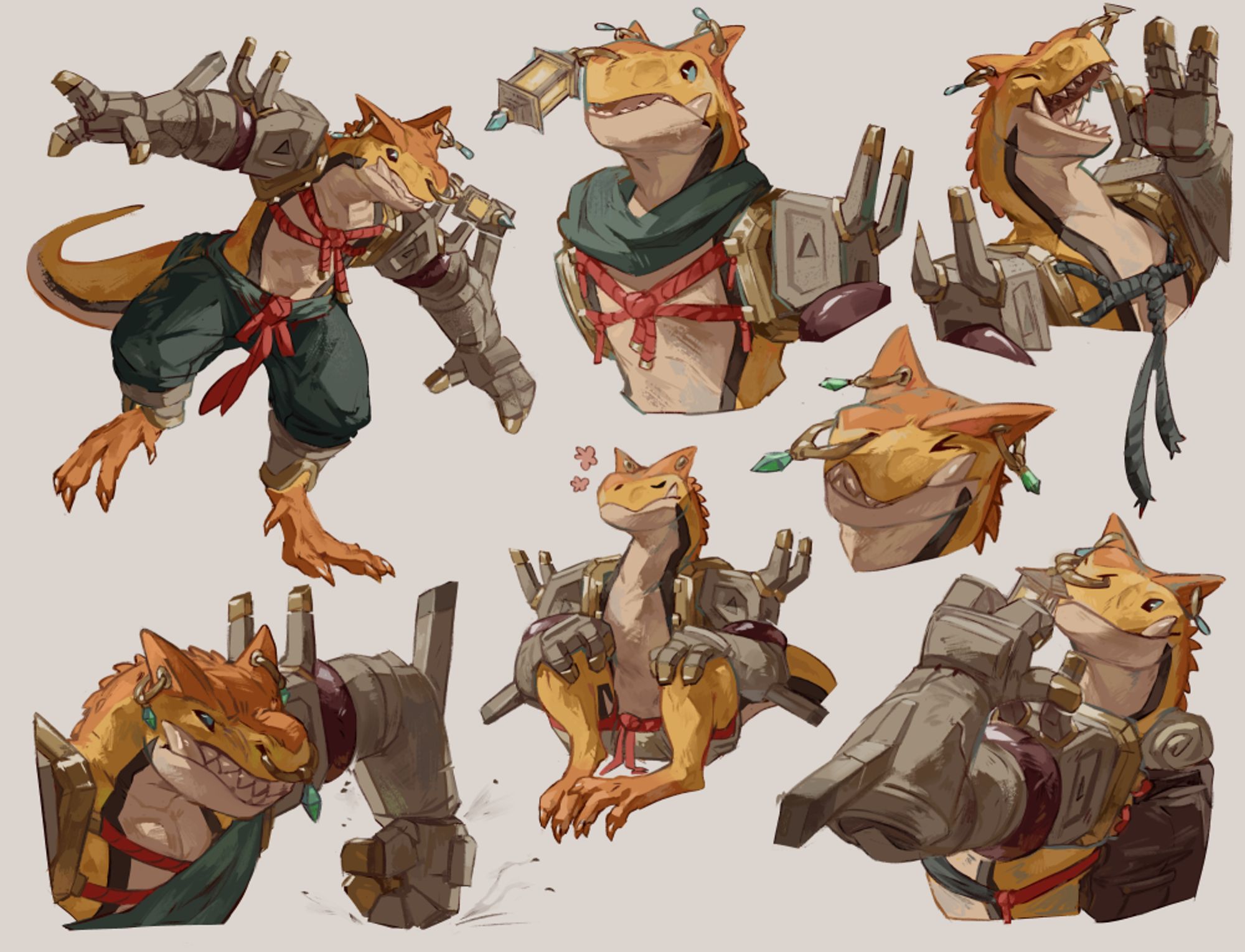 a page full of images of a carnotaurus person with arms made of stone