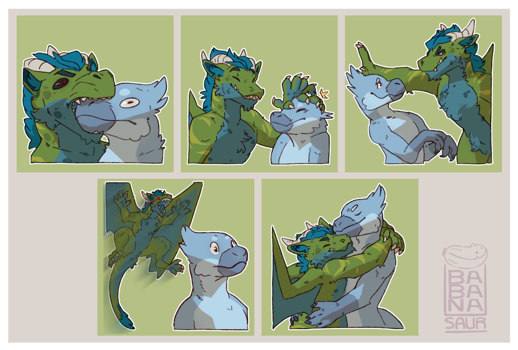 Images of a dragon person in various poses