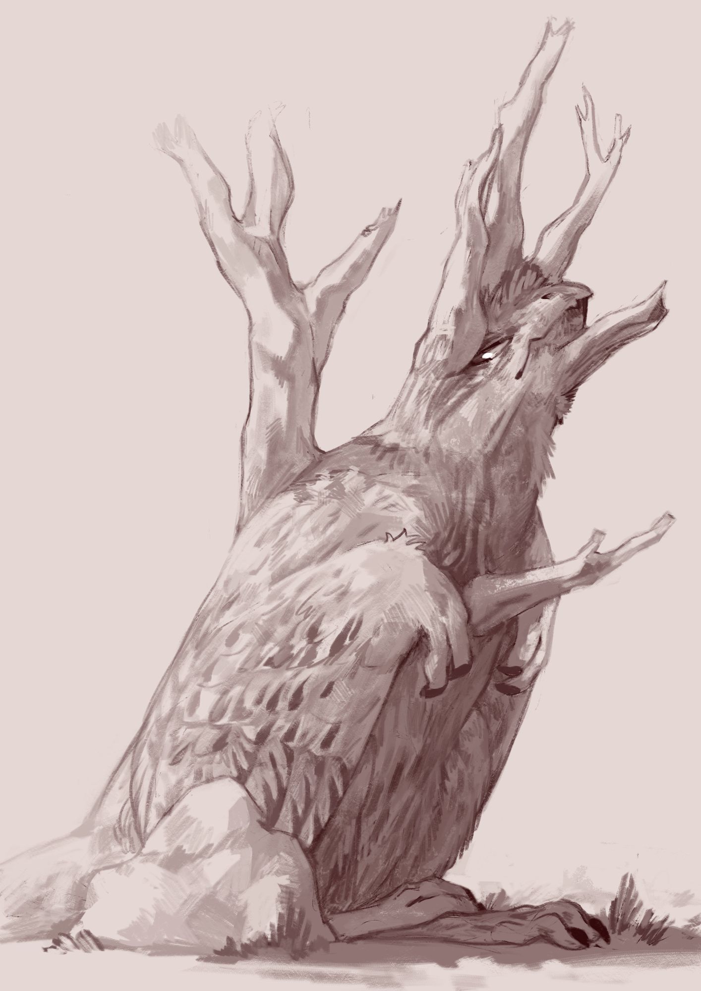 A giant tree sized tawny frogmouth dragon covered in tree branches that are growing out of it. It is slightly opening its eye to address the viewer. 