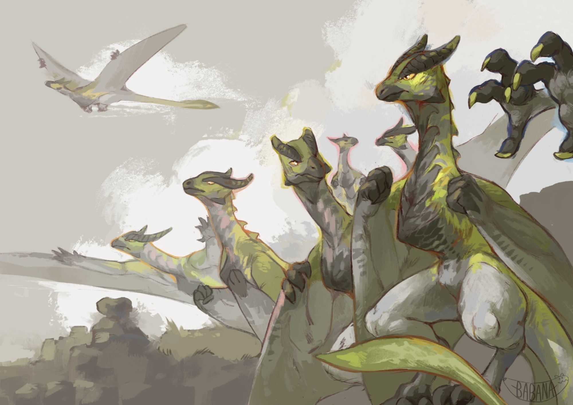 Multiple green and black wyverns roosting on a cliff face looking out towards open skies. In the BG is one flying in the sky. 