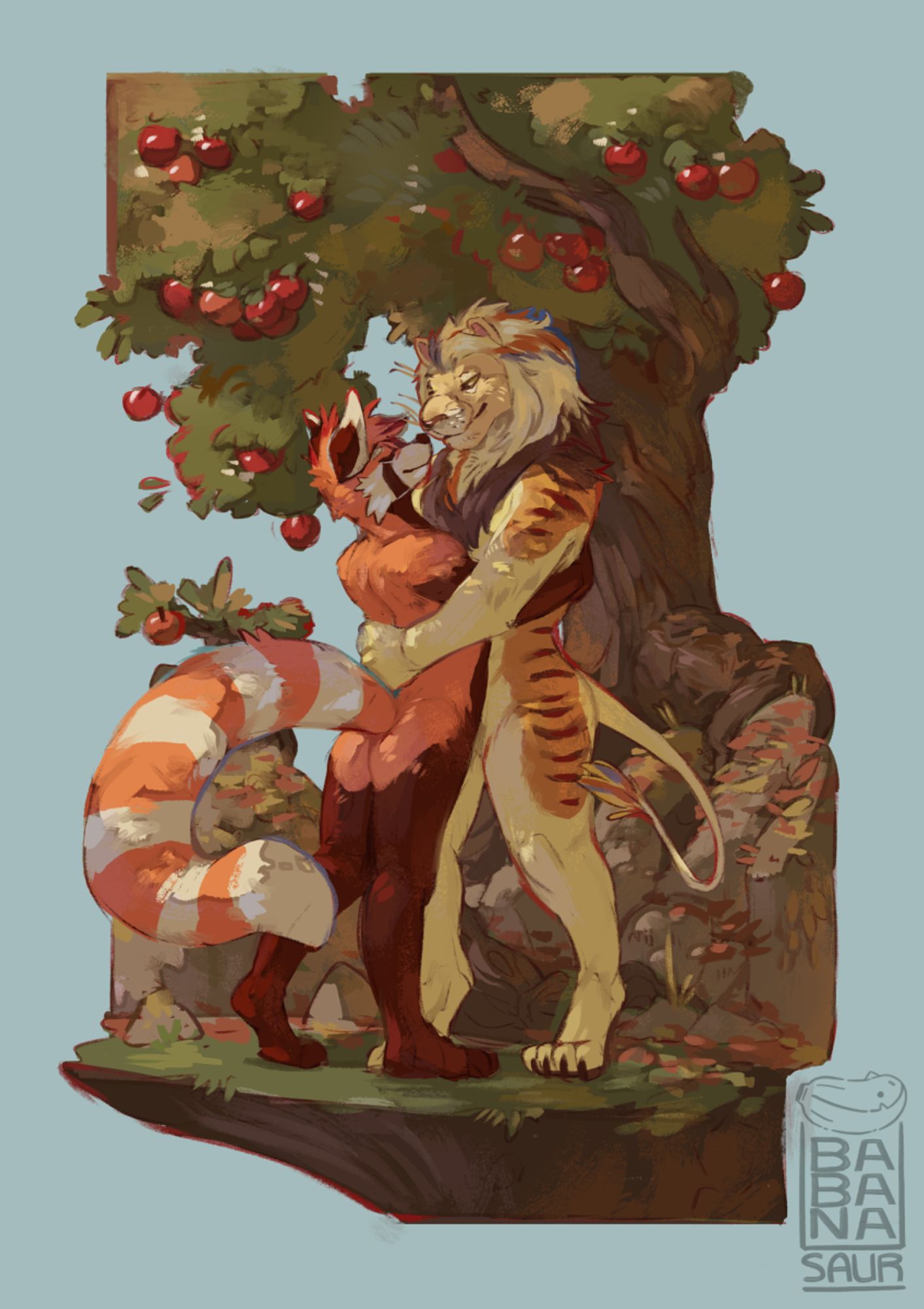 anthro lion and red panda kissing under a tree full of apples