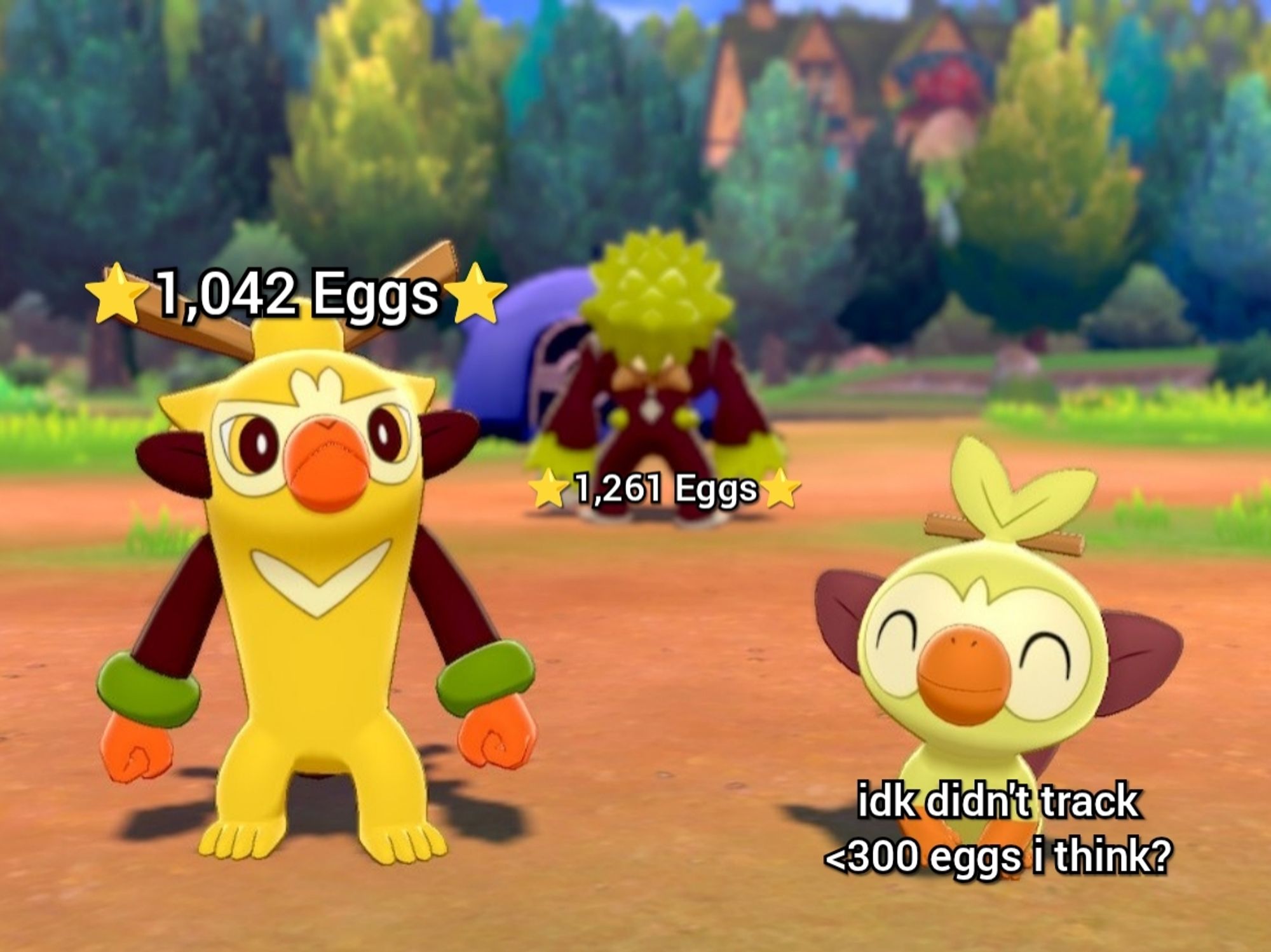 A Pokemon Camp image featuring all 3 of the shiny Grookey line. Above each of the Pokemon from left to right:
Thwackey: ⭐1,042 Eggs⭐
Rillaboom: ⭐1,261 Eggs⭐
Grookey: idk didn't track <300 eggs i think?