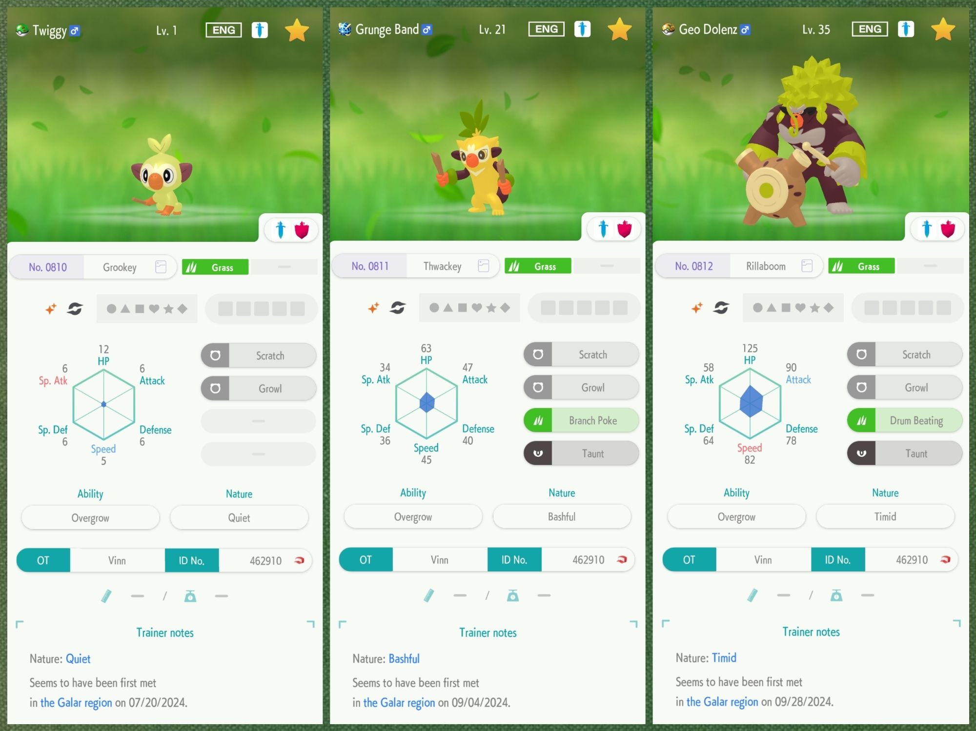 Pokémon Home screenshot of Shiny Grookey, Thwackey, and Rillaboom