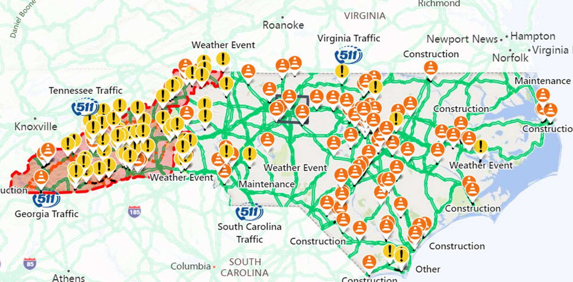 A map of North Carolina showing road closures.  Most of the roads in western NC are closed.