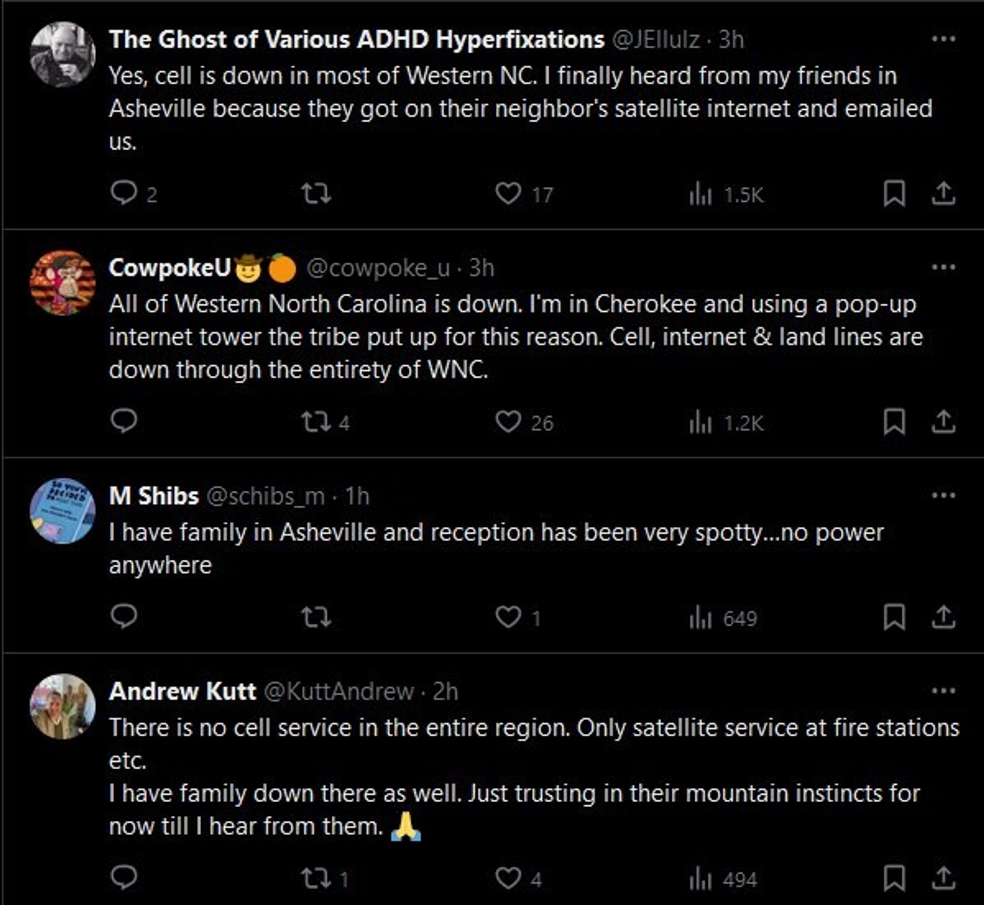 A screenshot of social media with numerous people describing how bad the communication outages are in western NC, hoping their families are safe because they can't get in touch with them.