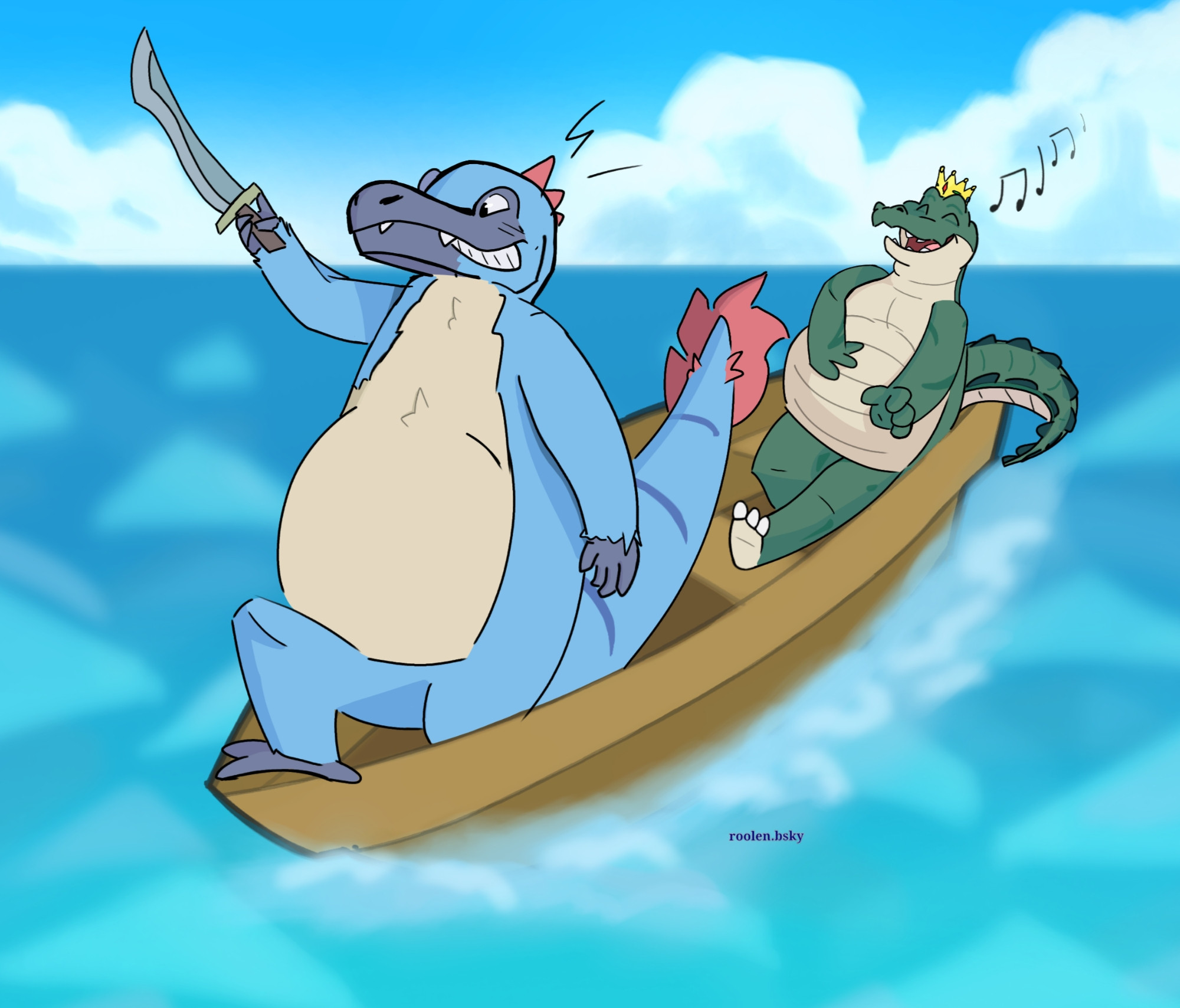 2 pirates are seemingly on a journey towards a mysterious treasure! Sadly there was only enough budget for a toy sword and a boat because inflation 😔
Actual alt text:
You see two anthro animals sailing on a small wooden boat, one is a bird called Josh, they're holding a sword with their right hand and pointing it upwards
The other one is a gator king! They're making belly drums (literally!)