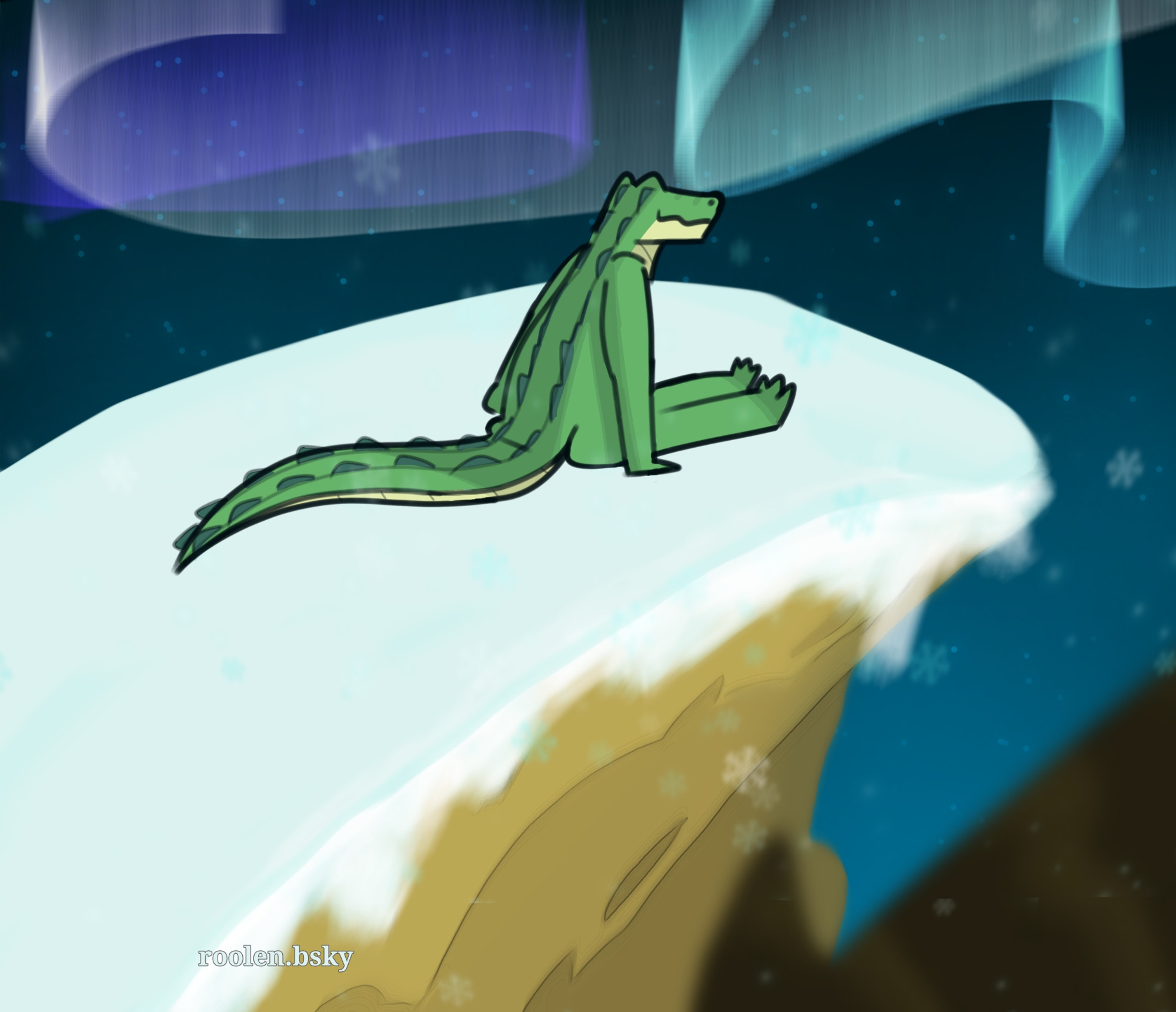 You see an anthro gator sitting on top a snowy hill, they're looking at the stars and the aurora on the sky.