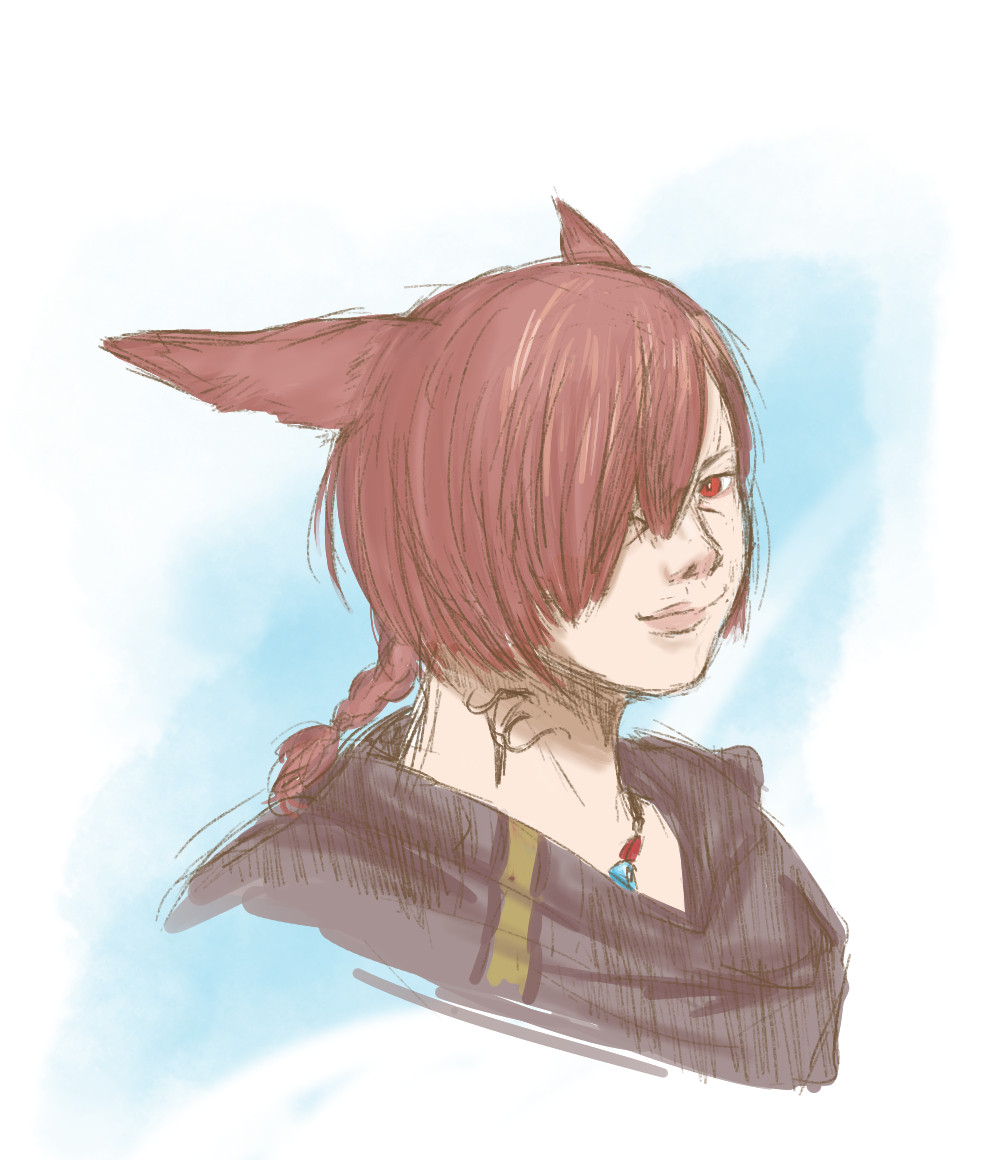 Rough headshot portrait of G'raha Tia from FFXIV at a 3/4 angle. He is facing towards the front and smiling slightly.